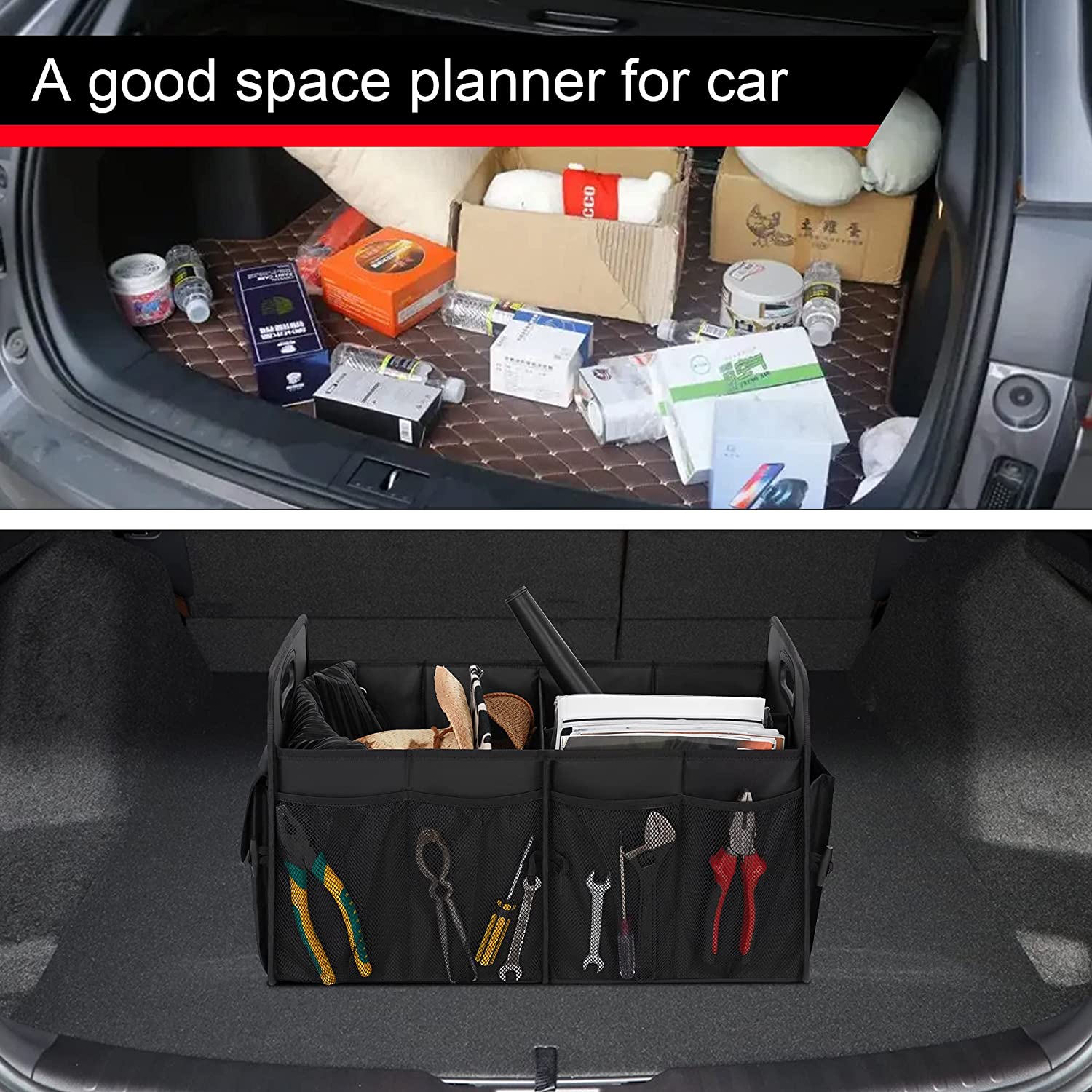 Car Trunk Organizer,Car Storage Organizer with 72L Large Capacity Waterproof Collapsible and 11 Pockets, Trunk Organizer for Car Suv/Jeep/Sedan - Delicate Leather
