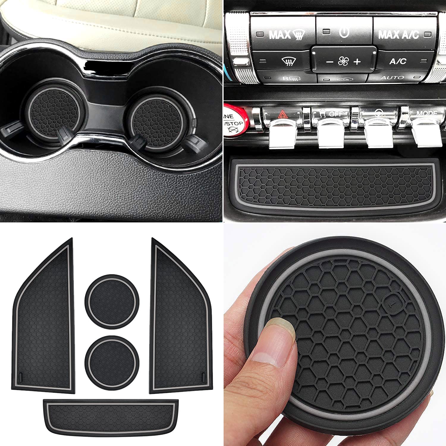 Anti Dust Mats Compatible with Mustang Accessories 2015-2022, Custom Fits Cup Holder Liners Mats Door Pocket Center Console Liners - Delicate Leather