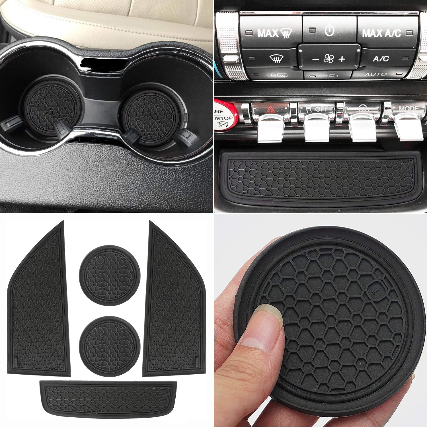 Anti Dust Mats Compatible with Mustang Accessories 2015-2022, Custom Fits Cup Holder Liners Mats Door Pocket Center Console Liners - Delicate Leather