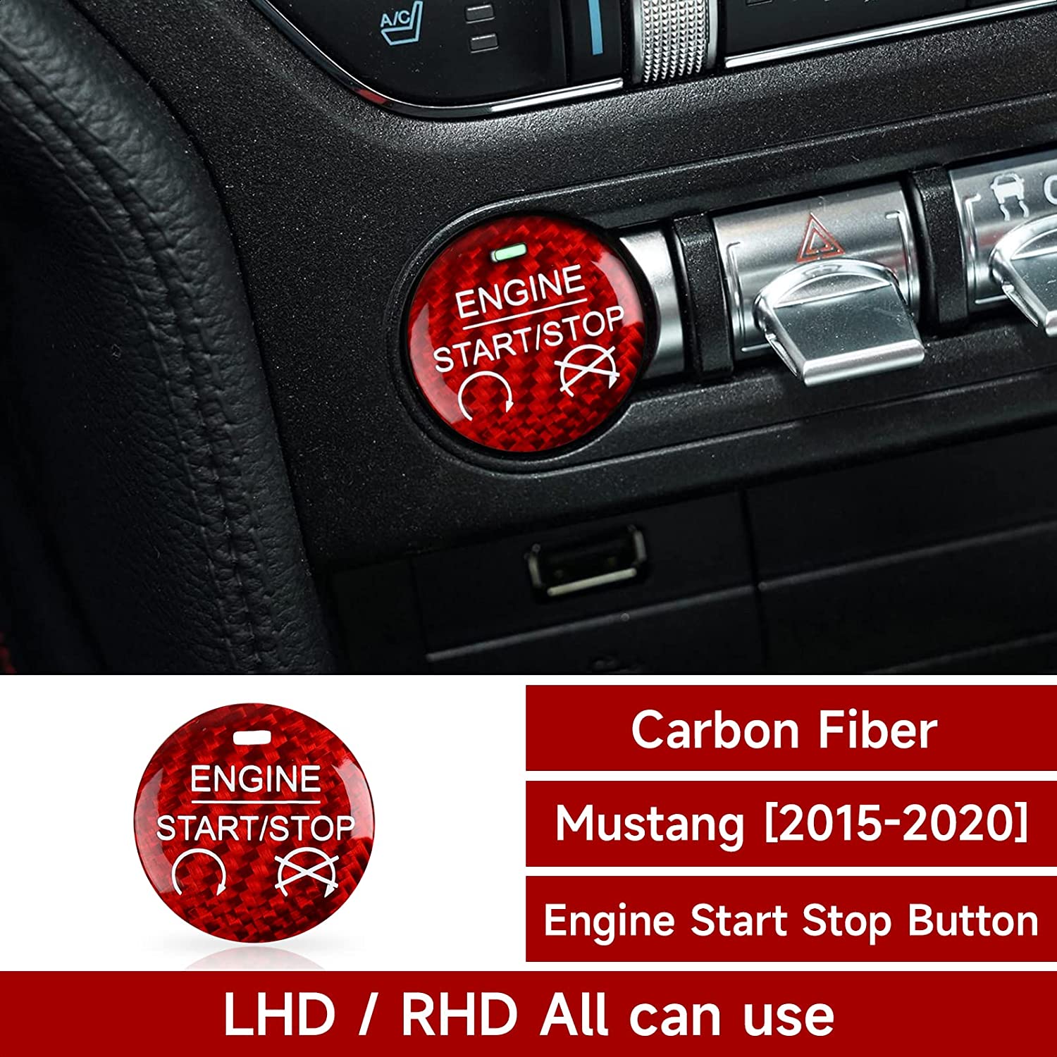 Carbon Fiber Car Engine Start Stop Button Sticker Decal Interior Trim Cover for Mustang 2015 2016 2017 2018 2019 2020 Accessories - Delicate Leather