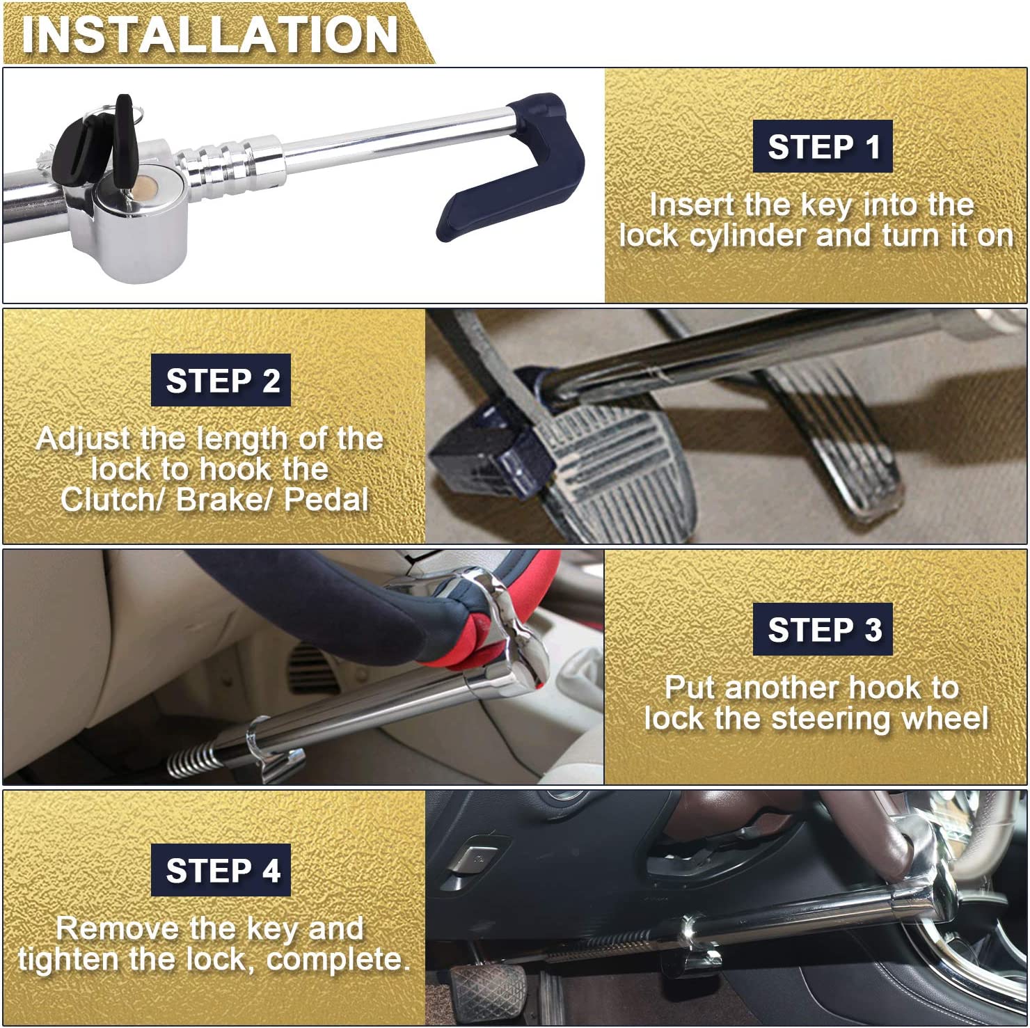 Universal Steering Wheel Brake Lock Anti-Theft Retractable Double Hook Car Clutch Pedal Lock for Car Truck SUV Van Security with 3 Keys - Delicate Leather