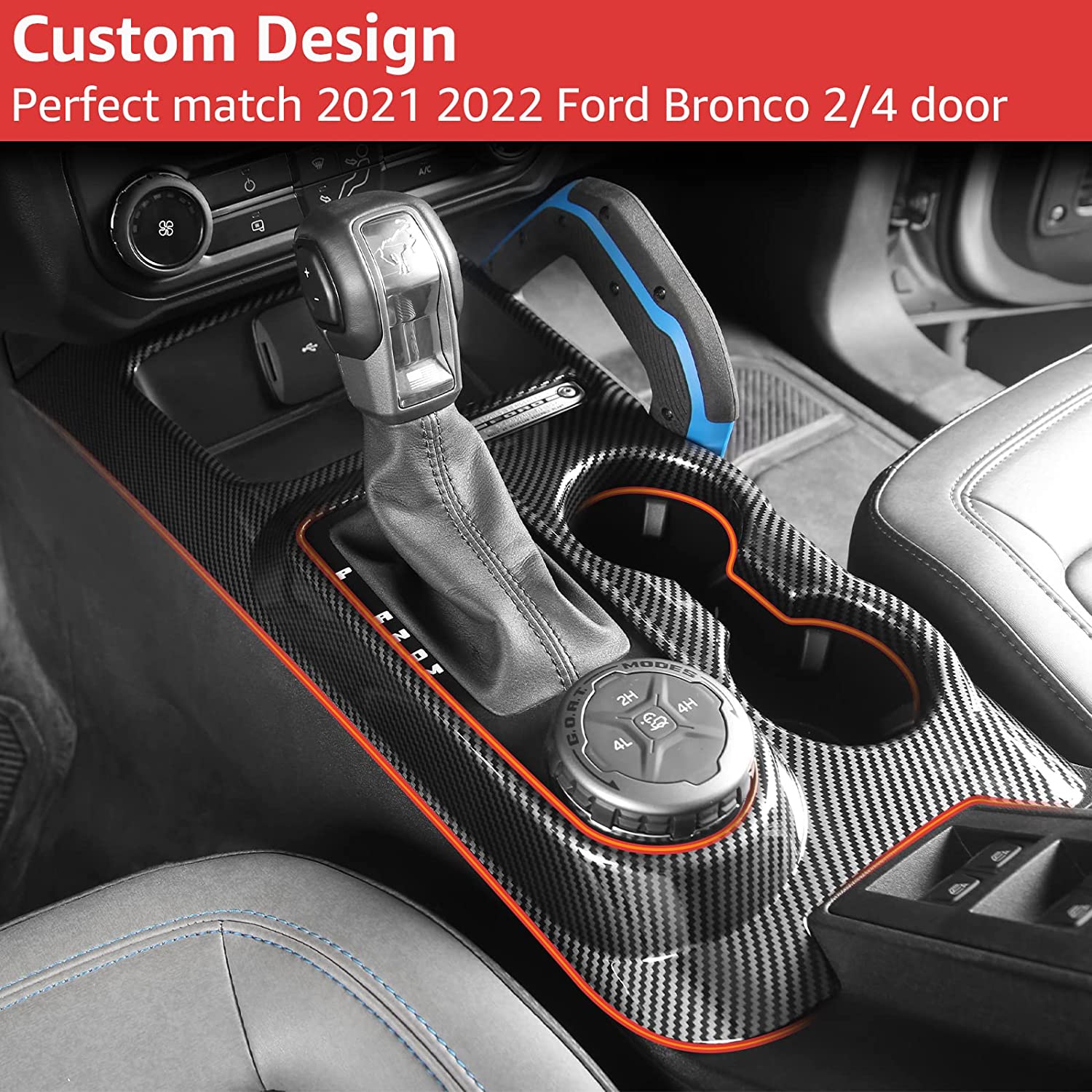 Gear Shifter Trim for 2021 2022 Ford Bronco Center Console Panel Decoration Cover Plate Frame Transmission Box Interior Accessories Sticker, ABS Carbon Fiber - Delicate Leather