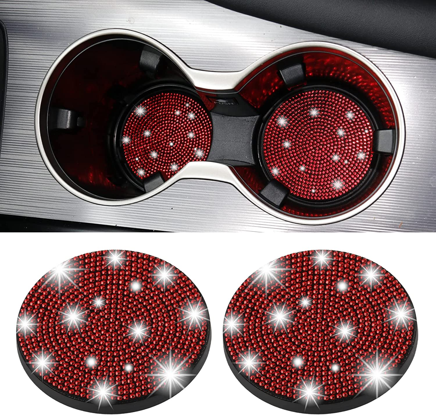 Bling Cup Holder Coasters for Car, 4PCS Universal Non-Slip Cup Holder, Embedded Decorative Coasters, Shiny Crystal Car Interior Accessories Gifts for Women - Delicate Leather