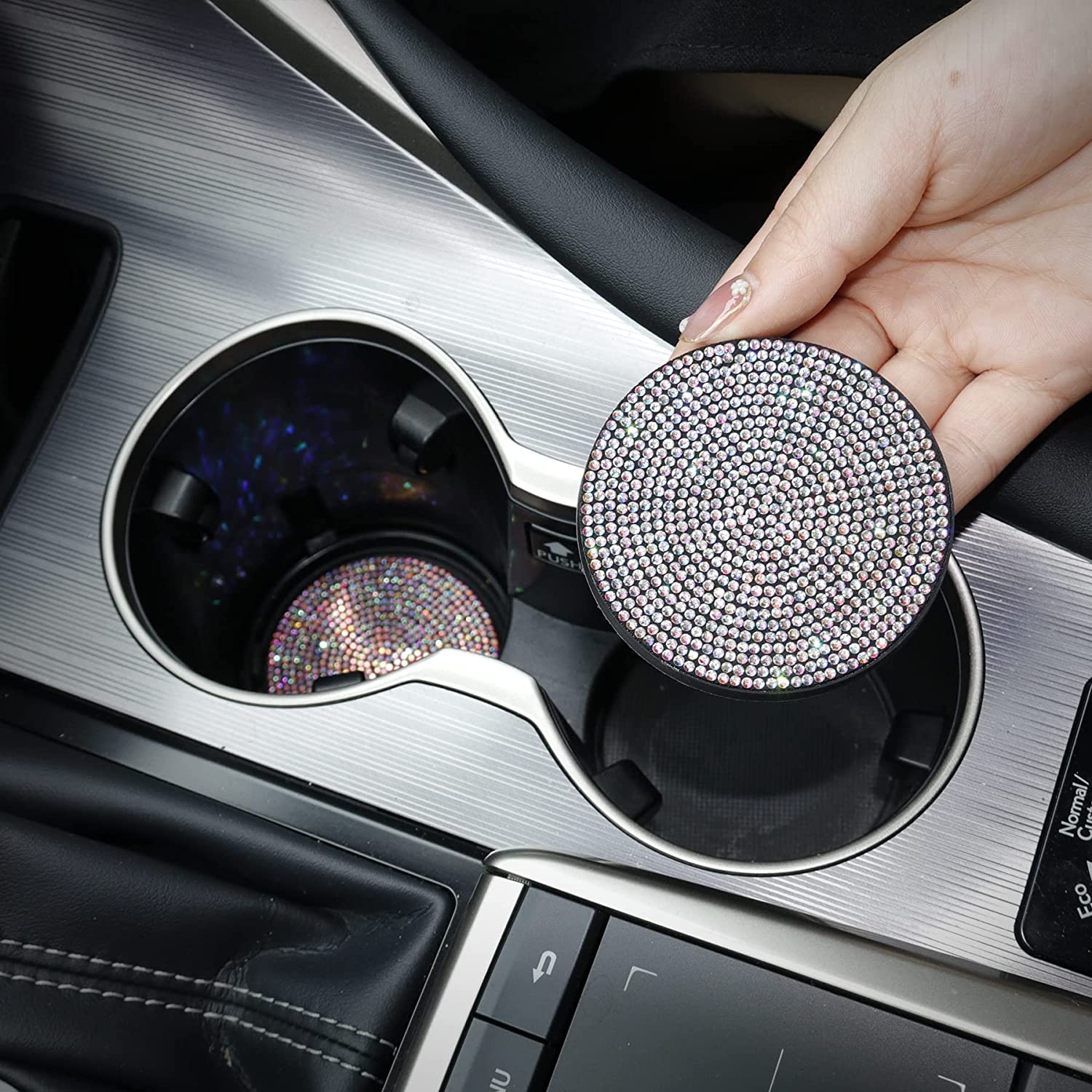 Bling Cup Holder Coasters for Car, 4PCS Universal Non-Slip Cup Holder, Embedded Decorative Coasters, Shiny Crystal Car Interior Accessories Gifts for Women - Delicate Leather