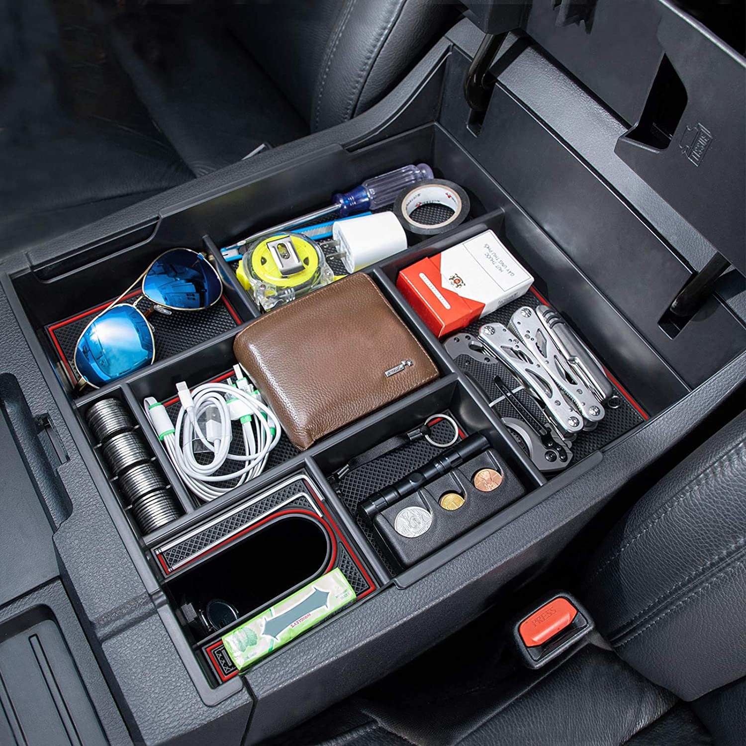 Center Console Organizer Compatible with Tundra Accessories, Insert ABS Black Materials Tray, Armrest Secondary Storage Box - Full Tray -Red Trim - Delicate Leather