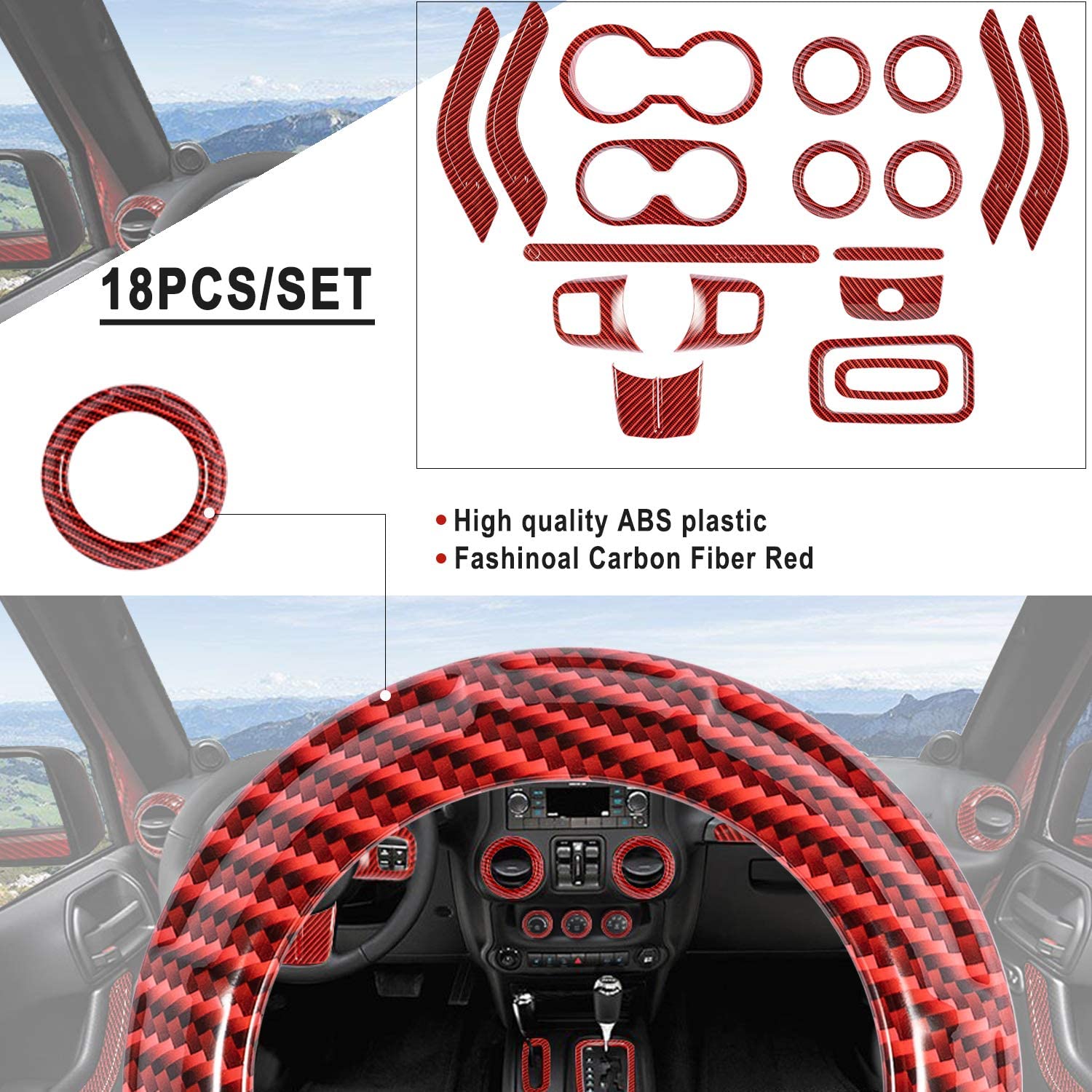 Interior Decoration Trim Kit Steering Wheel & Center Console Air Outlet Trim, Door Handle Cover Inner fits for 2011-18 Jeep Wrangler JK JKU - Delicate Leather