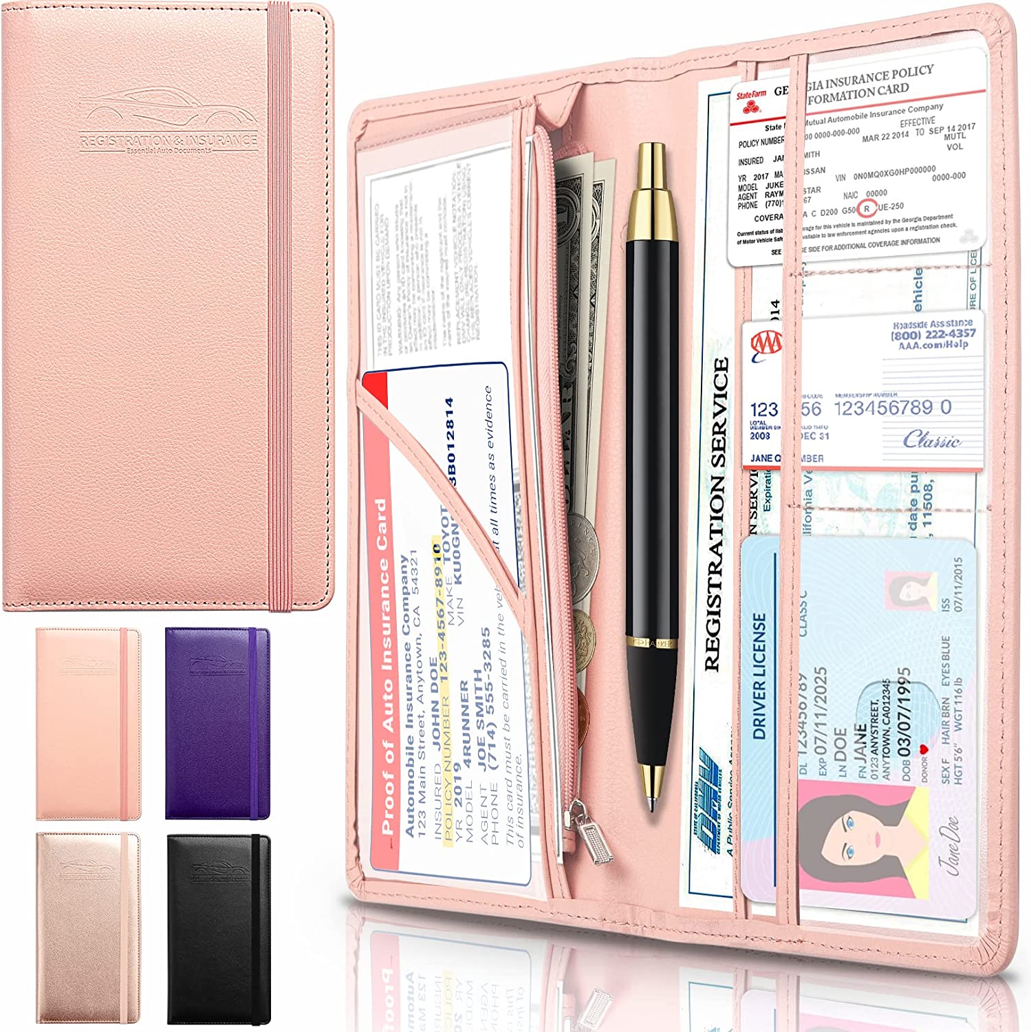 Car Registration and Insurance Holder with Inner Expandable Zipper Pouch, PU Car Document Holder, Elastic Closure Glove Box Document Holder for License, Car card and Essential Auto Documents, Custom For Cars - Delicate Leather