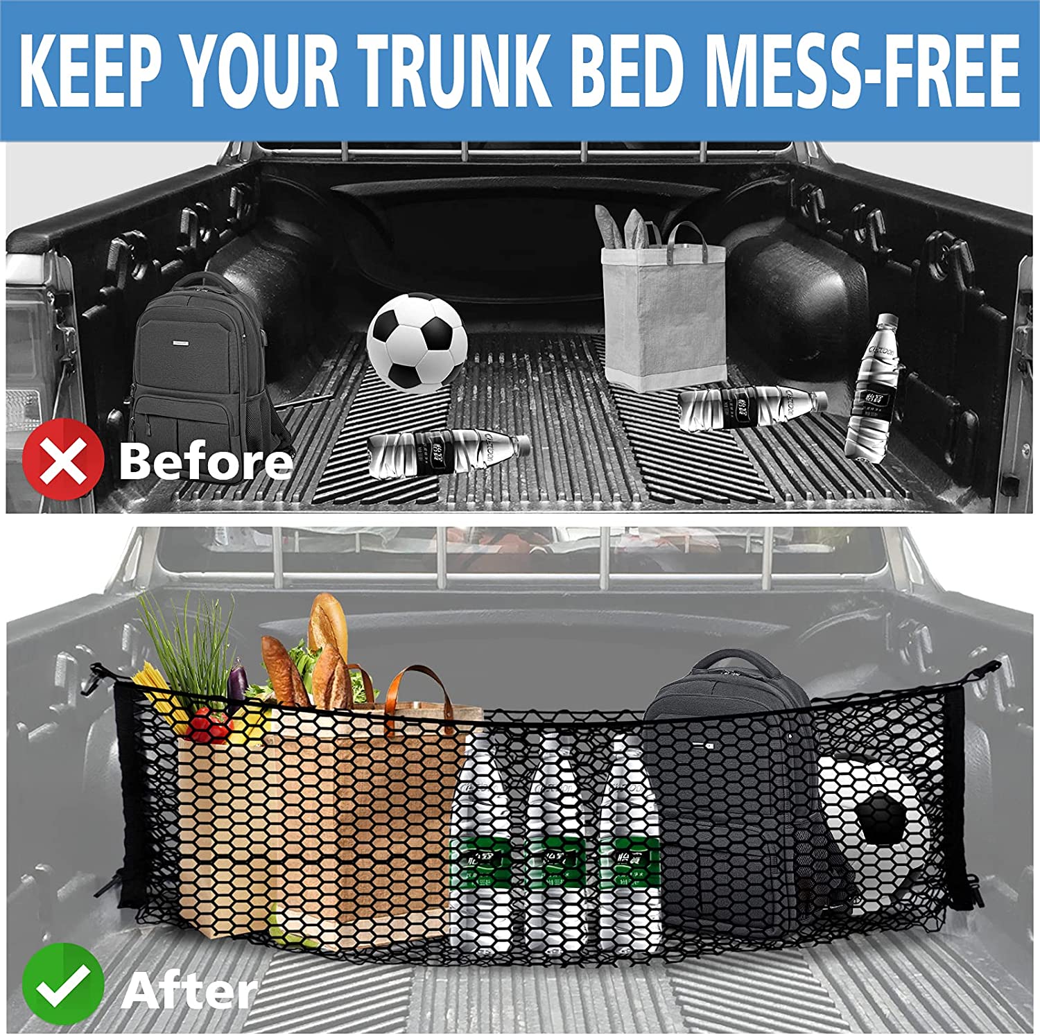 Truck Bed Cargo Net for Pickup Truck Bed - Premium Truck Bed Net for Trunk Organizers and Storage - Trunk Mesh Cargo Net - Delicate Leather