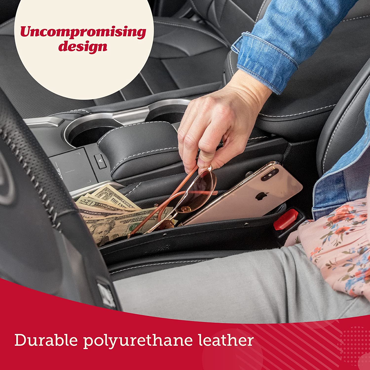 Car Seat Gap Organizer 2 Pack, Custom For Cars, Vegan Leather Car Seat Gap Filler Organizer with Universal Fit, Adjustable Gap Filler for Car for iPhone, Android, Glasses, Keys, and More - Delicate Leather