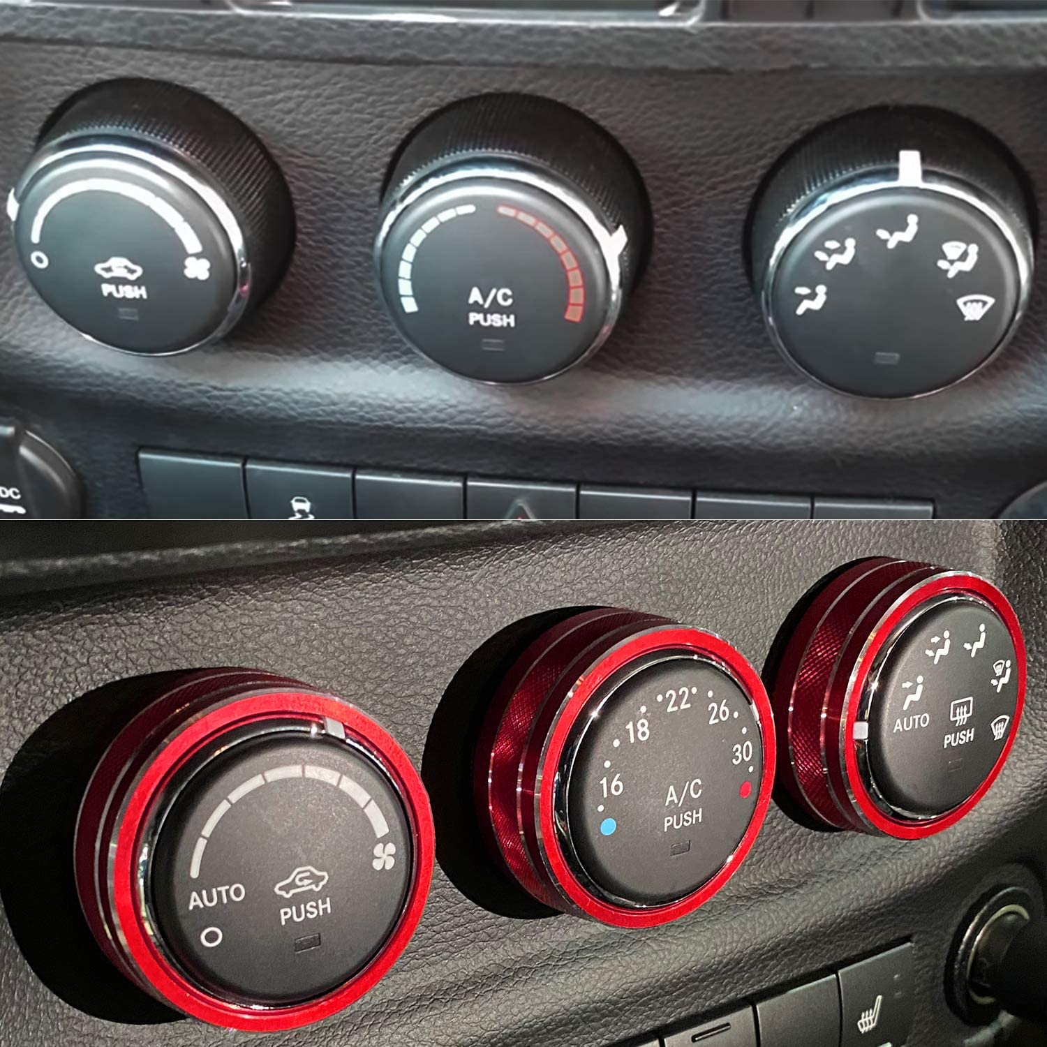 Air Conditioner Switch Volume Cover AC Climate Control Knob Ring Compatible with 2011-2018 Wrangler JK JKU/Dodge Challenger 2008-2014 (Red) - Delicate Leather