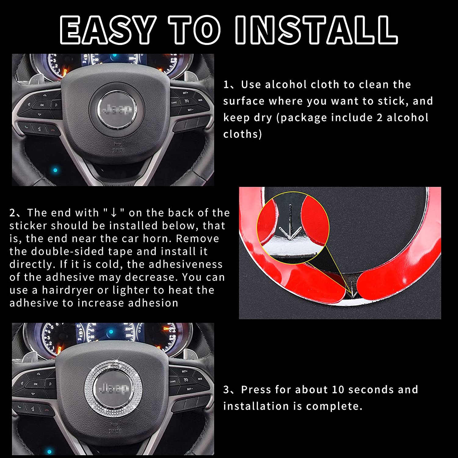Bling Car Accessories for Women Compatible with Steering Wheel, Rhinestone Diamond Car Decorations Interior Decal Sticker Fit for Cherokee Compass Renegade Gladiator - Delicate Leather