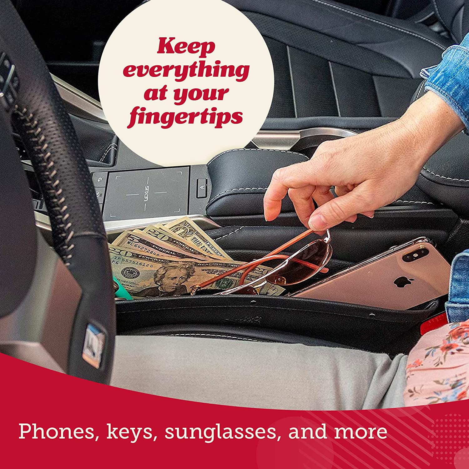 Car Seat Gap Organizer 2 Pack, Custom For Cars, Vegan Leather Car Seat Gap Filler Organizer with Universal Fit, Adjustable Gap Filler for Car for iPhone, Android, Glasses, Keys, and More - Delicate Leather