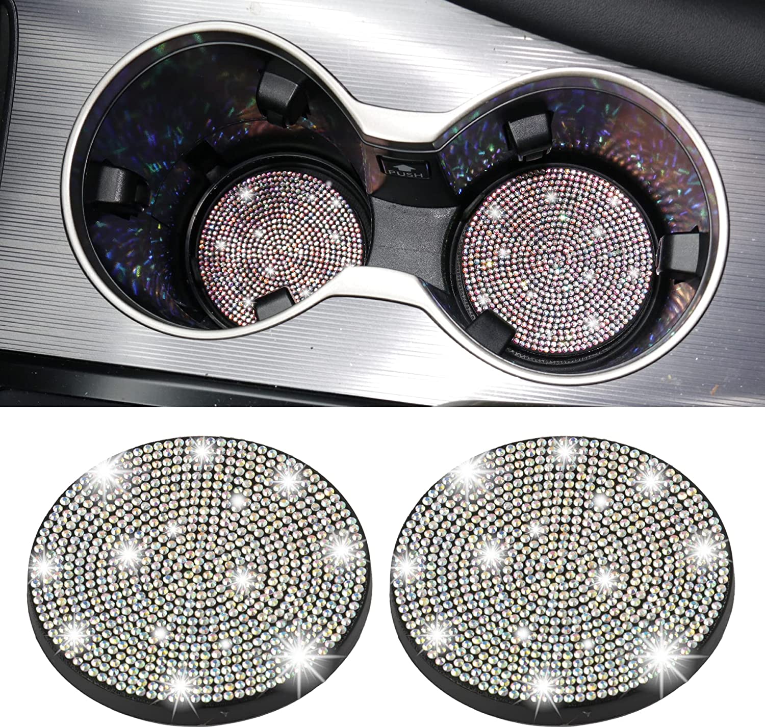 Bling Cup Holder Coasters for Car, 4PCS Universal Non-Slip Cup Holder, Embedded Decorative Coasters, Shiny Crystal Car Interior Accessories Gifts for Women - Delicate Leather