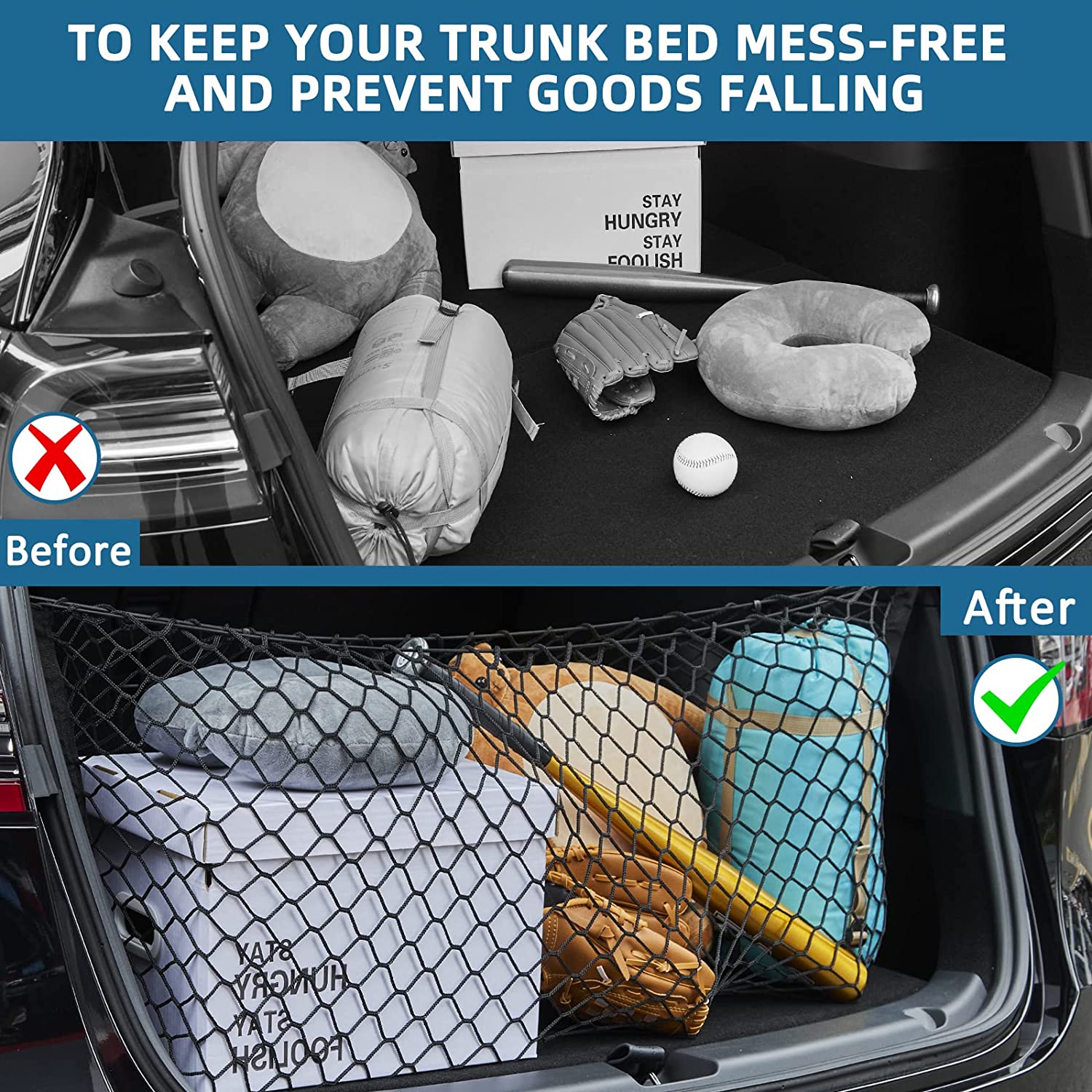 Envelope Style Trunk Cargo Net, Highlander Accessories-Highlander Cargo Net with Metal Hooks, Fit for Highlander 2014-2022 and Highlander Hybrid 2014-2022 Car Accessories - Delicate Leather