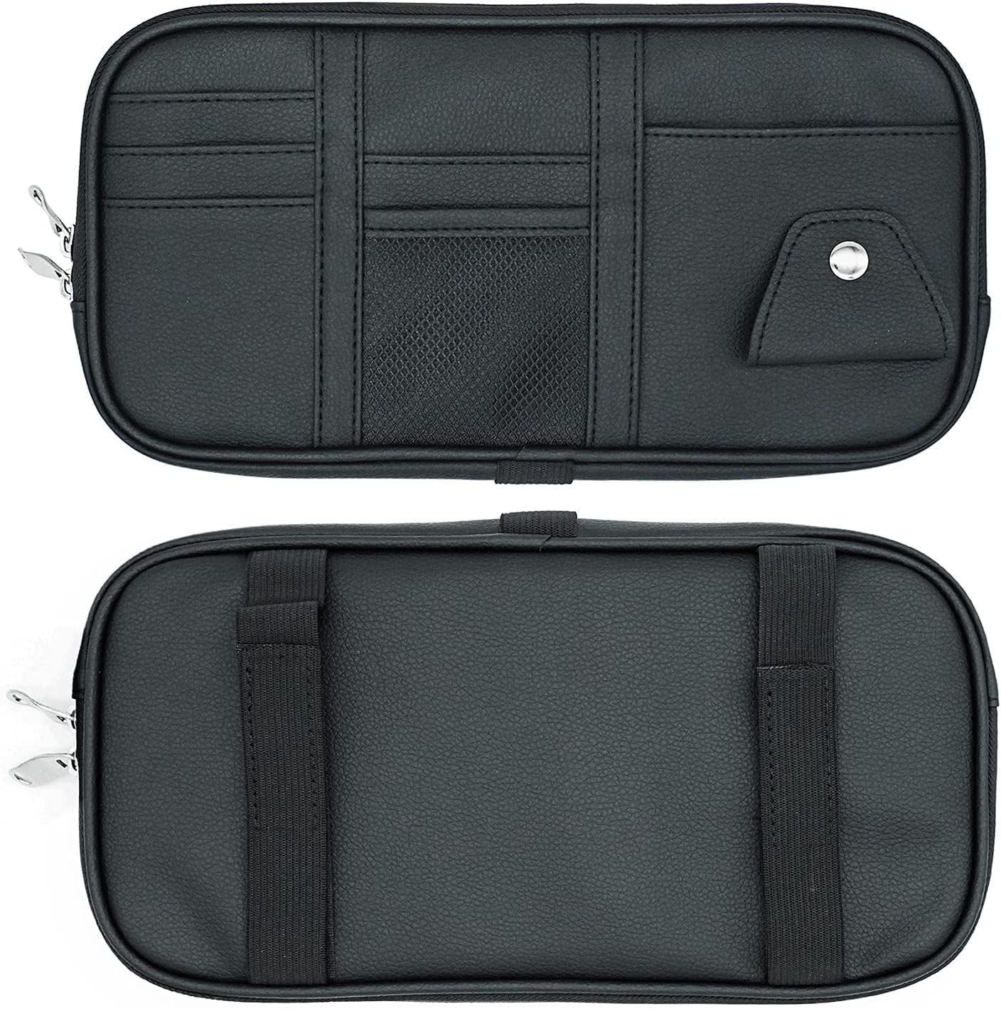 Car Sun Visor Organier Truck SUV Sun Visor Storage Pocket PU Leather Pouch Holder with Multi-Pocket Double Zipper Net Pocket, for Cards Pens Sunglasses Document Newest, Universal Fit for All Cars, Car Accessories - Delicate Leather