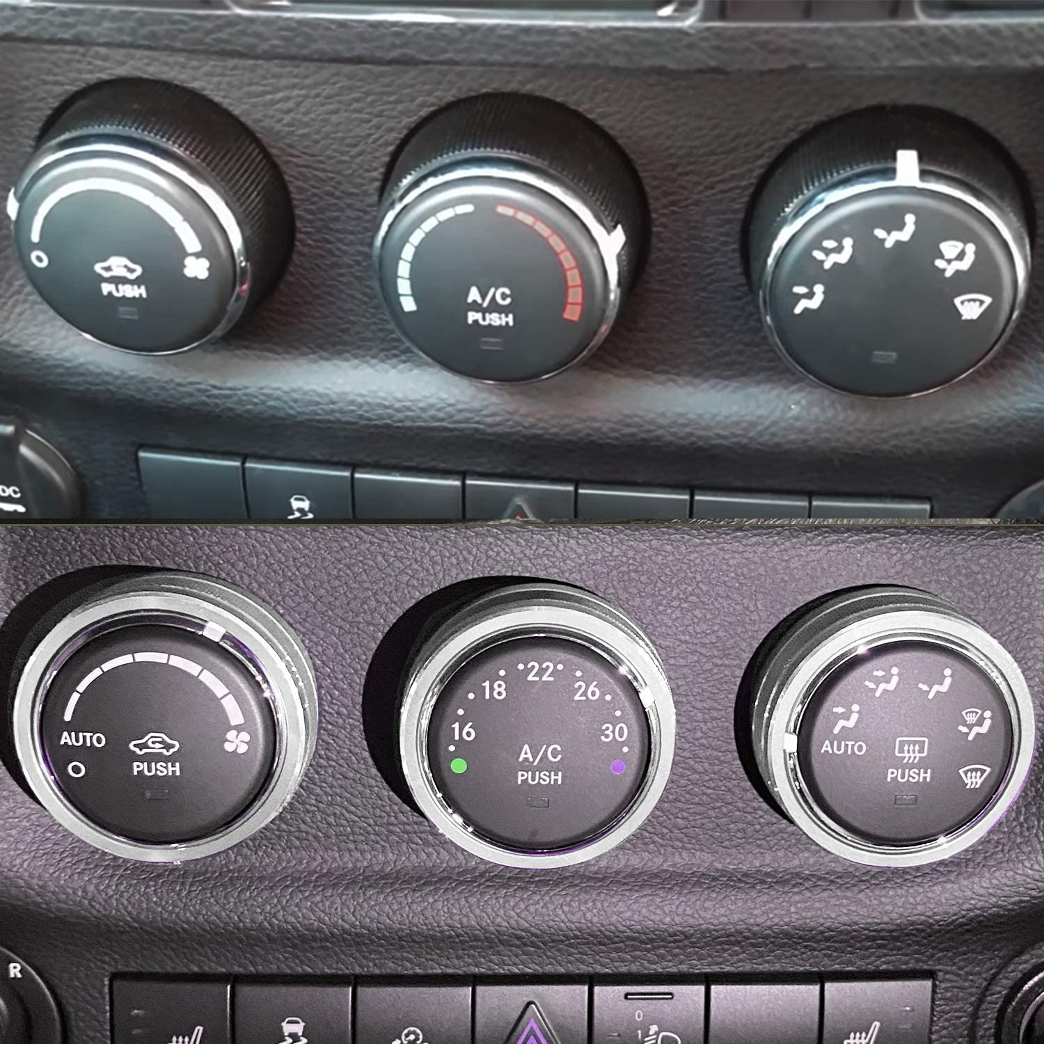 AC Climate Control Knob Ring Air Conditioner Switch Volume Cover Compatible with 2011-2017 Wrangler JK JKU/Dodge Challenger 2008-2014 Interior Conditioning Accessories Trim (Silver) - Delicate Leather