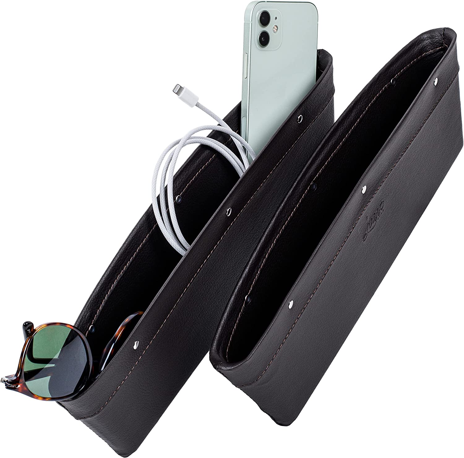 Car Seat Gap Organizer 2 Pack, Custom For Cars, Vegan Leather Car Seat Gap Filler Organizer with Universal Fit, Adjustable Gap Filler for Car for iPhone, Android, Glasses, Keys, and More - Delicate Leather