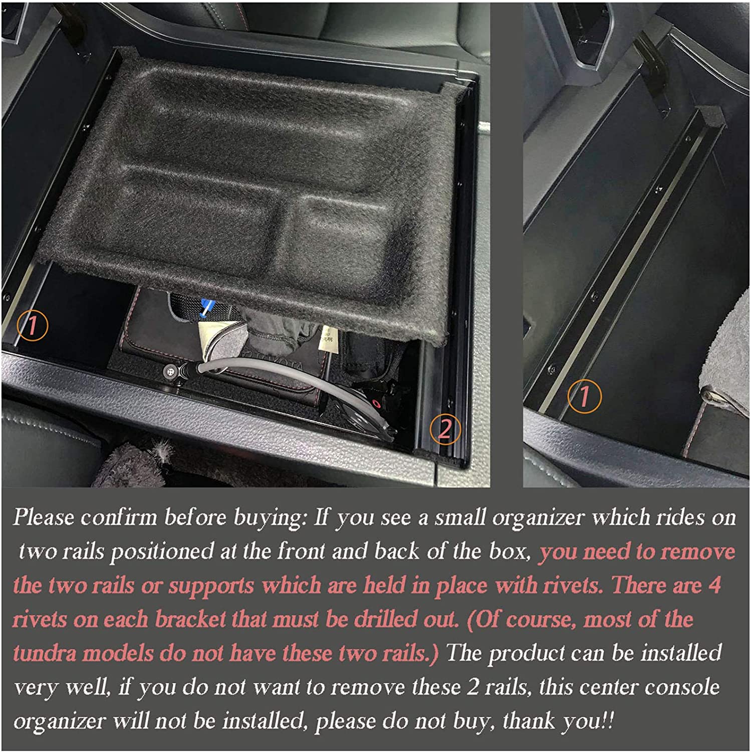 Center Console Organizer Compatible with Tundra Accessories, Insert ABS Black Materials Tray, Armrest Secondary Storage Box - Full Tray -Red Trim - Delicate Leather