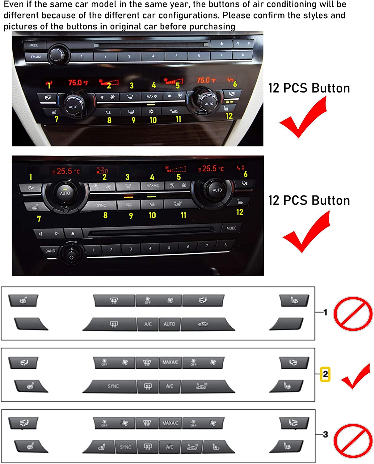 Compatible with Climate Control Button Fan Speed Button Replacement, AC Button for 5' F07/F10,6' F06/F12/F13,7' F01/F02/F04,X5 F15/M F85,X6 F16/M F86 (Only for AC Panel with 12 Buttons) - Delicate Leather