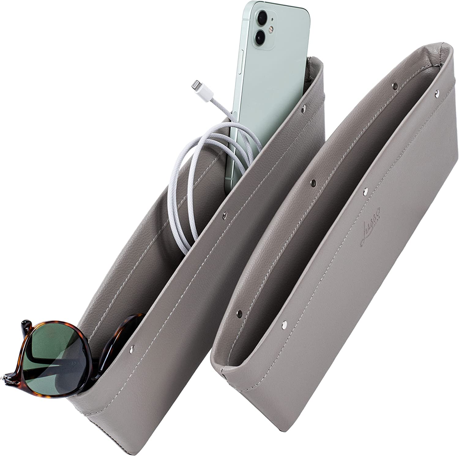 Car Seat Gap Organizer 2 Pack, Custom For Cars, Vegan Leather Car Seat Gap Filler Organizer with Universal Fit, Adjustable Gap Filler for Car for iPhone, Android, Glasses, Keys, and More - Delicate Leather