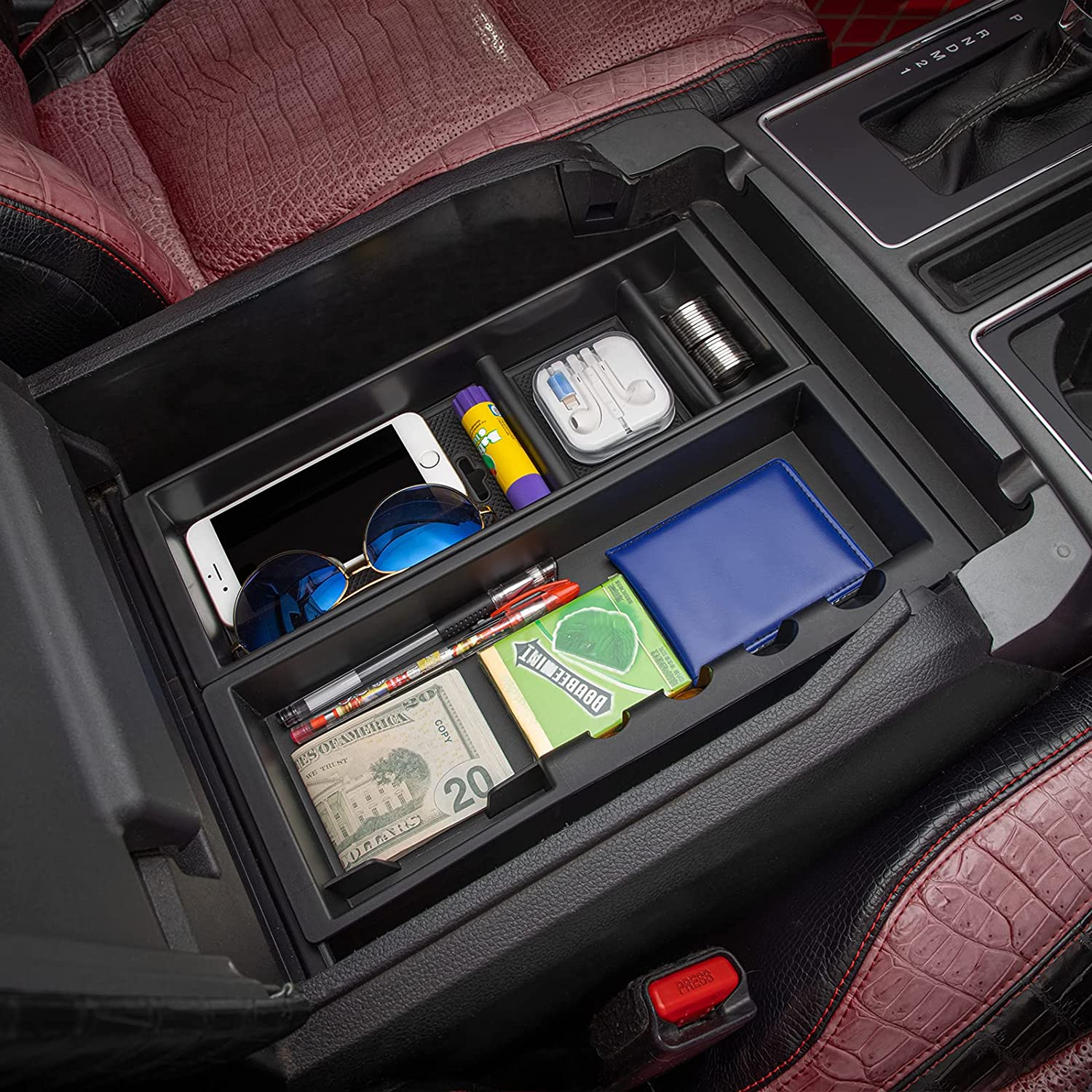 Center Console Organizer Compatible with F150 Accessories 2022 2021,Center Console Tray for F-150 Interior Accessories, Matte Black -(Full Console w/Bucket Seats ONLY) - Delicate Leather