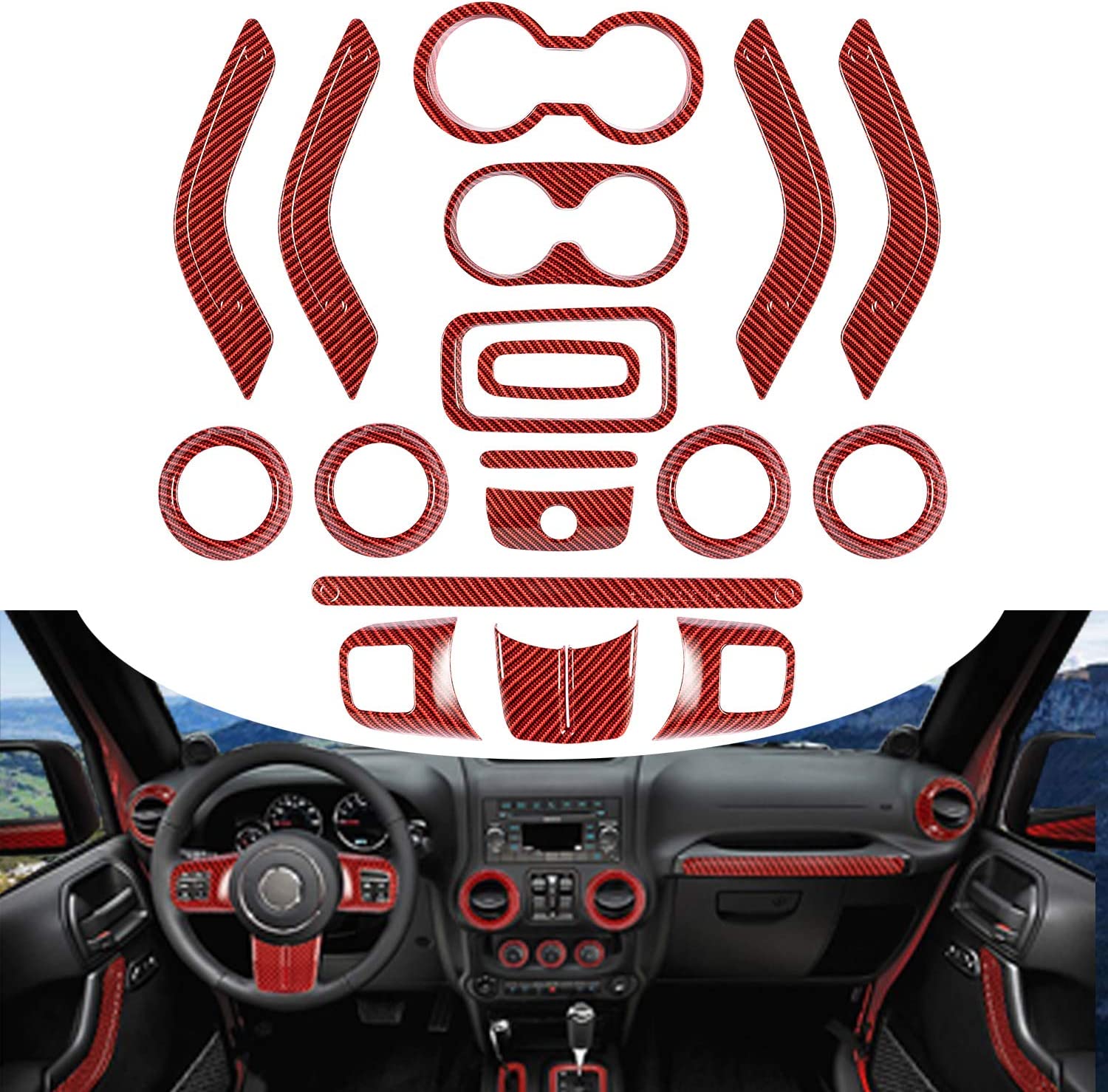 Interior Decoration Trim Kit Steering Wheel & Center Console Air Outlet Trim, Door Handle Cover Inner fits for 2011-18 Jeep Wrangler JK JKU - Delicate Leather