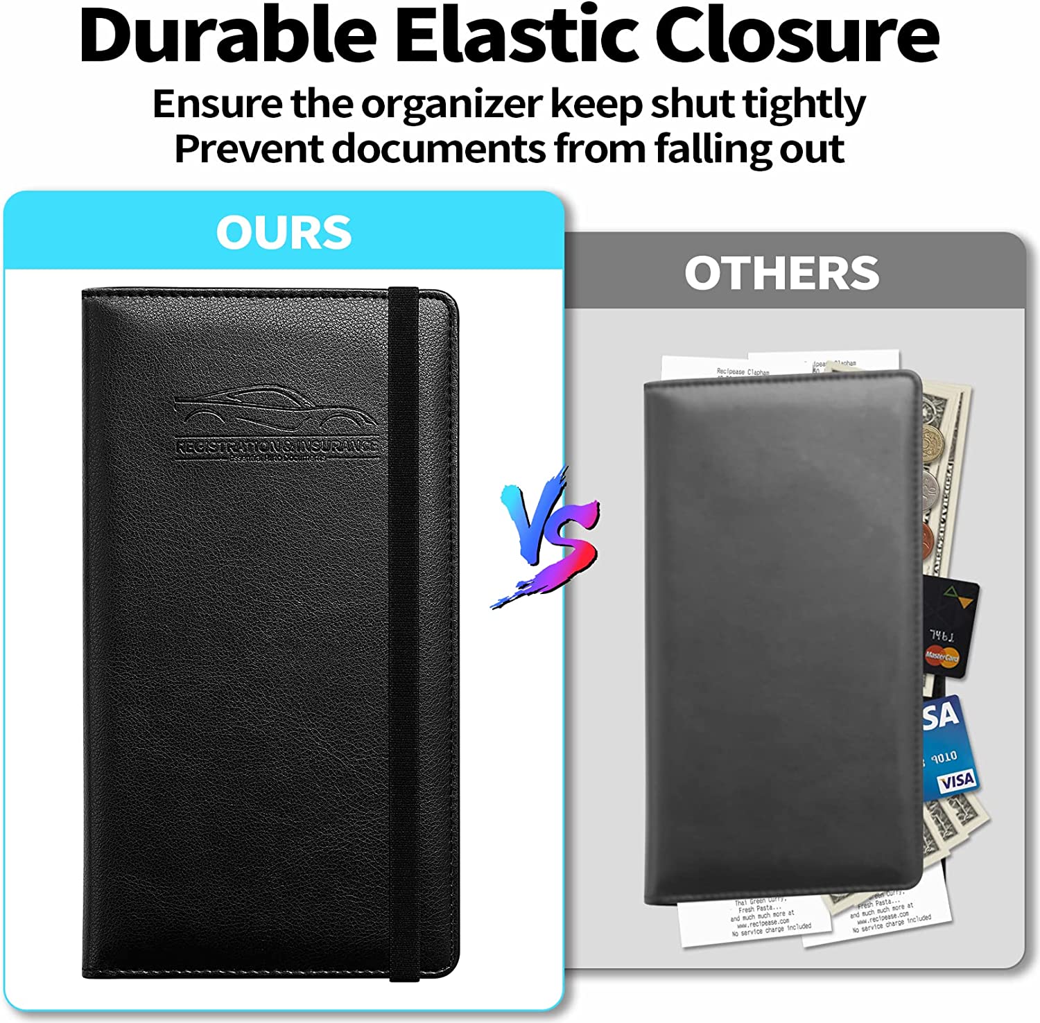 Car Registration and Insurance Holder with Inner Expandable Zipper Pouch, PU Car Document Holder, Elastic Closure Glove Box Document Holder for License, Car card and Essential Auto Documents, Custom For Cars - Delicate Leather