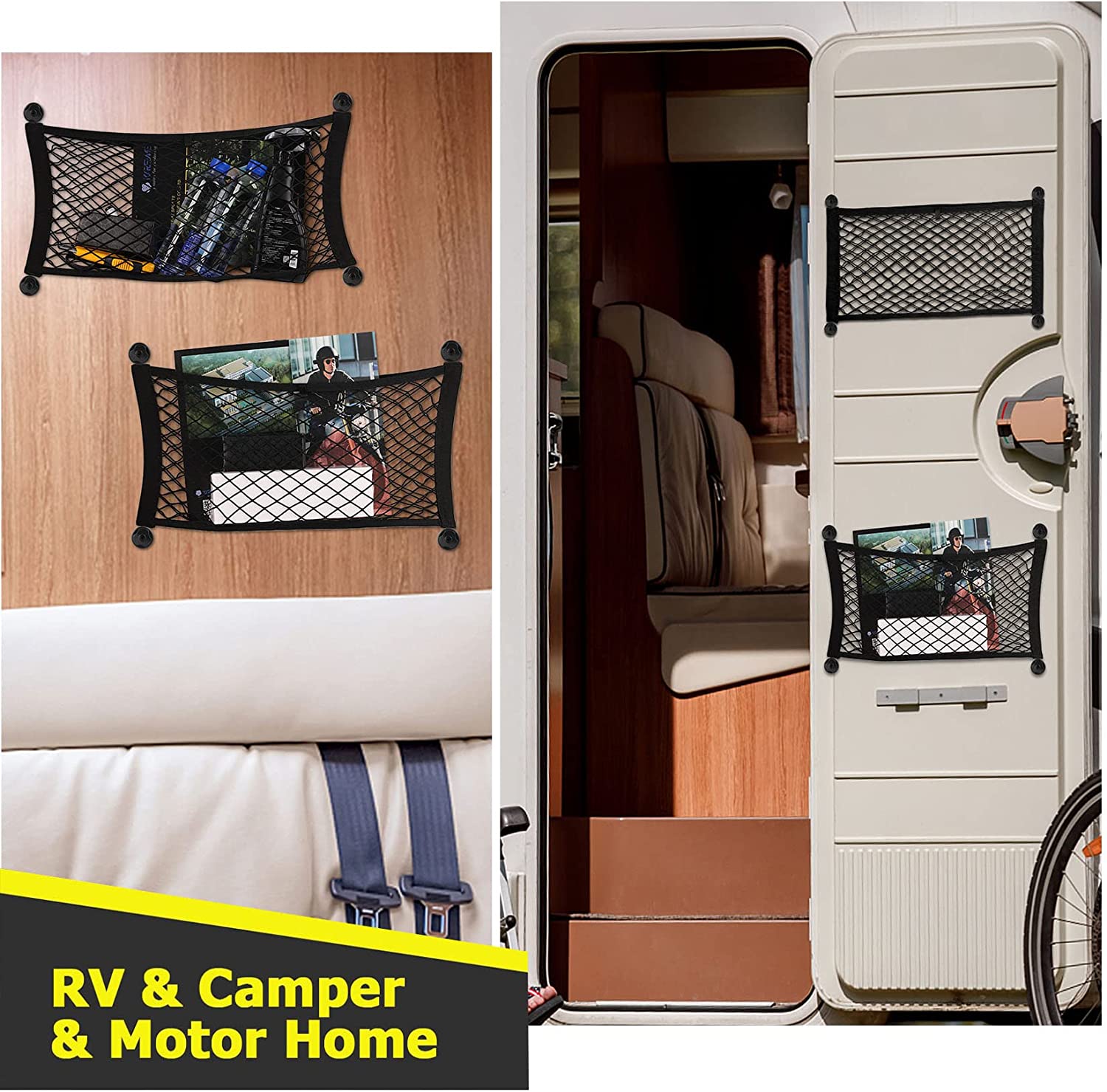2 PCS Small Cargo Nets Camper Storage Pocket Mesh Net Elastic Stretchable Trunk Cargo Netting Compatible with SUV Cars RV Campers Boats Automotive - Delicate Leather