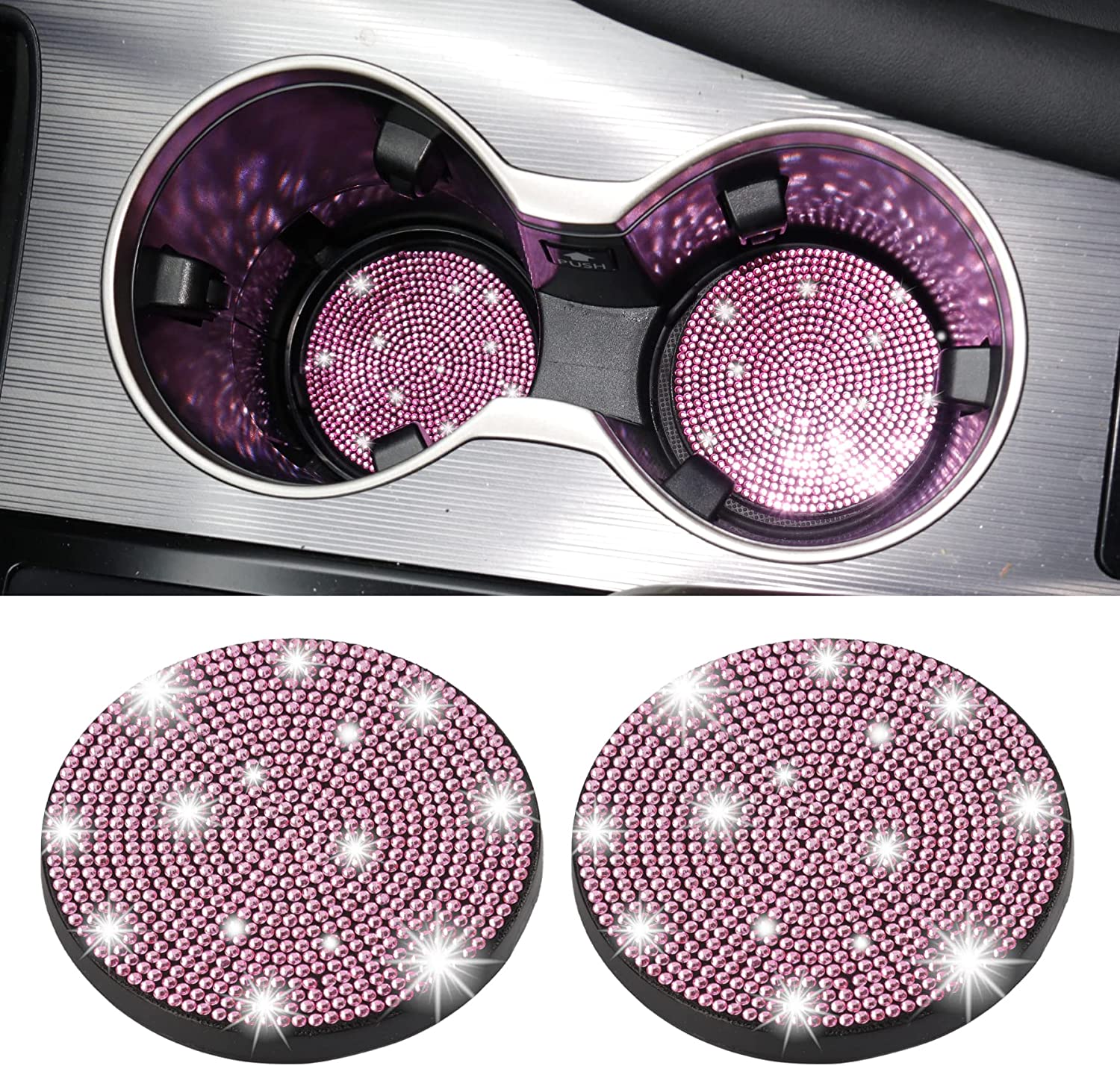 Bling Cup Holder Coasters for Car, 4PCS Universal Non-Slip Cup Holder, Embedded Decorative Coasters, Shiny Crystal Car Interior Accessories Gifts for Women - Delicate Leather