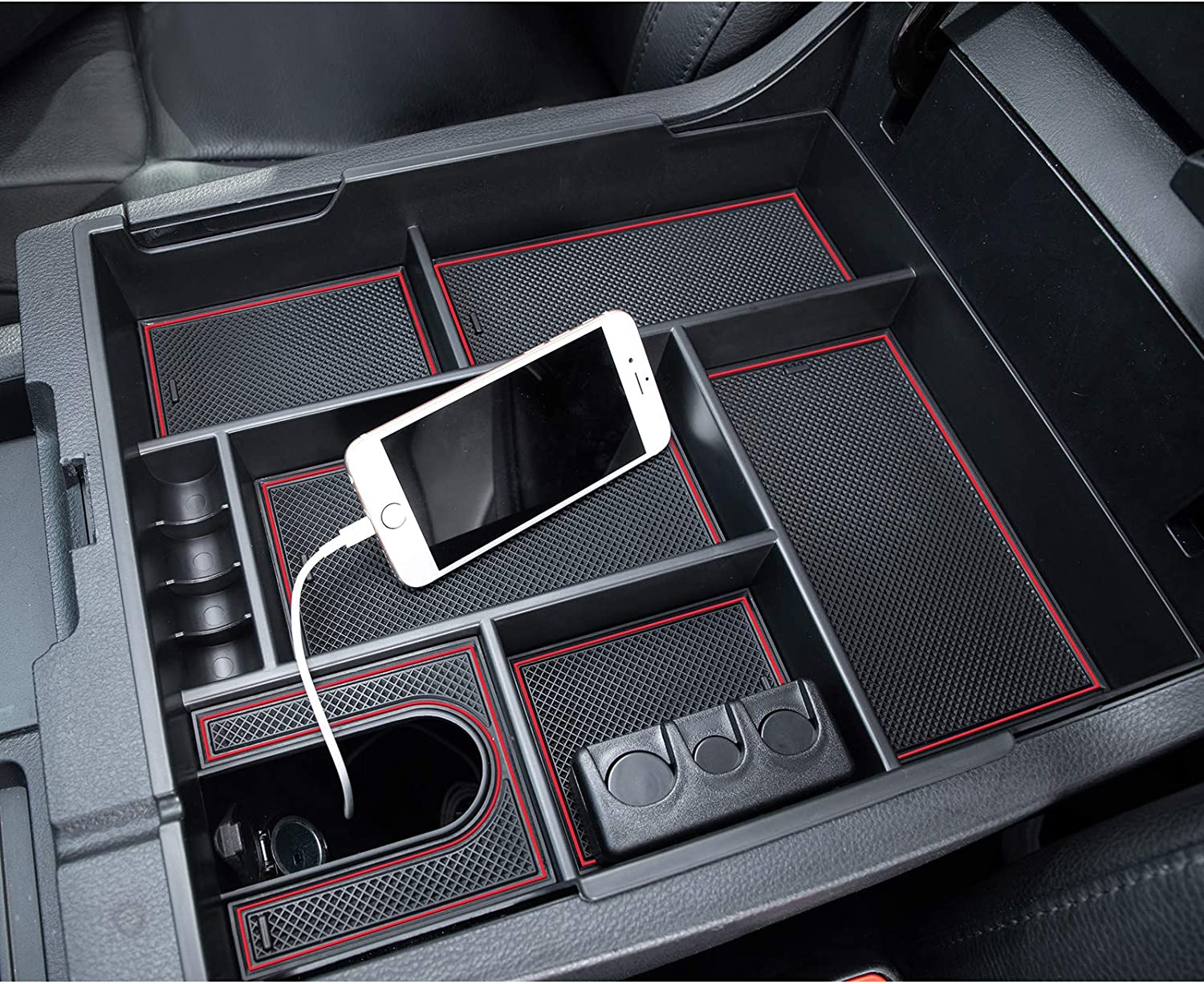 Center Console Organizer Compatible with Tundra Accessories, Insert ABS Black Materials Tray, Armrest Secondary Storage Box - Full Tray -Red Trim - Delicate Leather