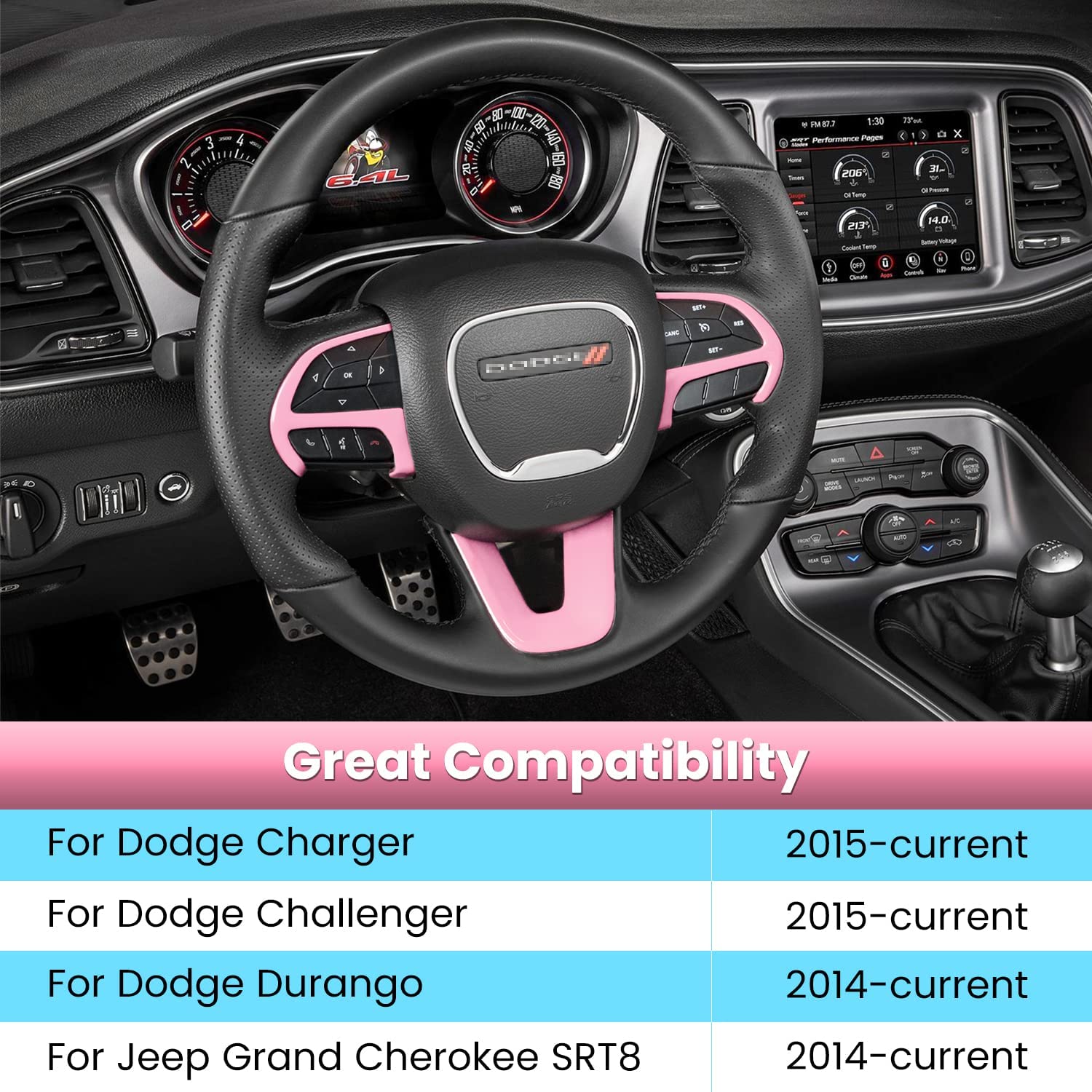 Steering Wheel Cover Trim Interior Accessories Decoration Kit for 2015-2021 Challenger Charger, for 2014-2021 Durango & Grand Cherokee SRT8 (Pink 3PCS) - Delicate Leather