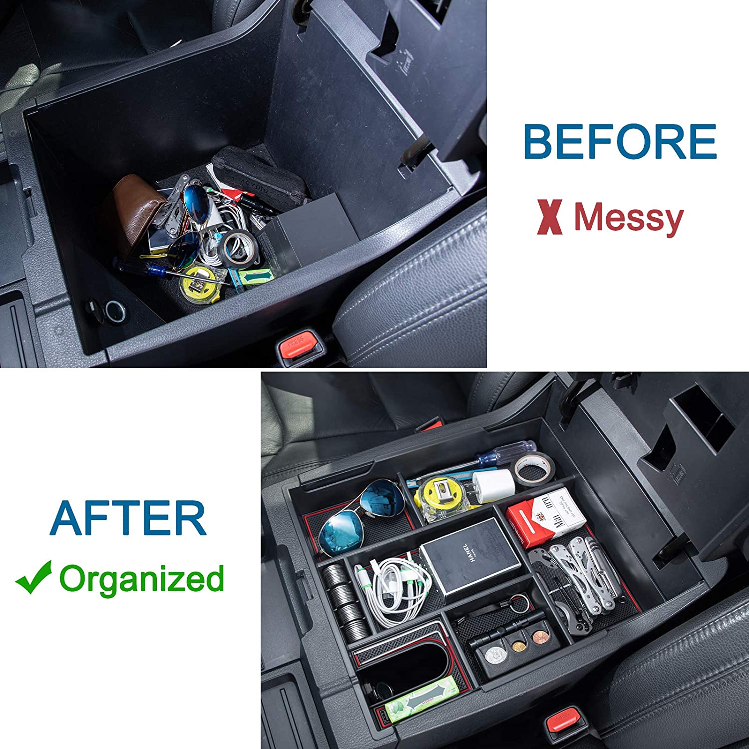 Center Console Organizer Compatible with Tundra Accessories, Insert ABS Black Materials Tray, Armrest Secondary Storage Box - Full Tray -Red Trim - Delicate Leather