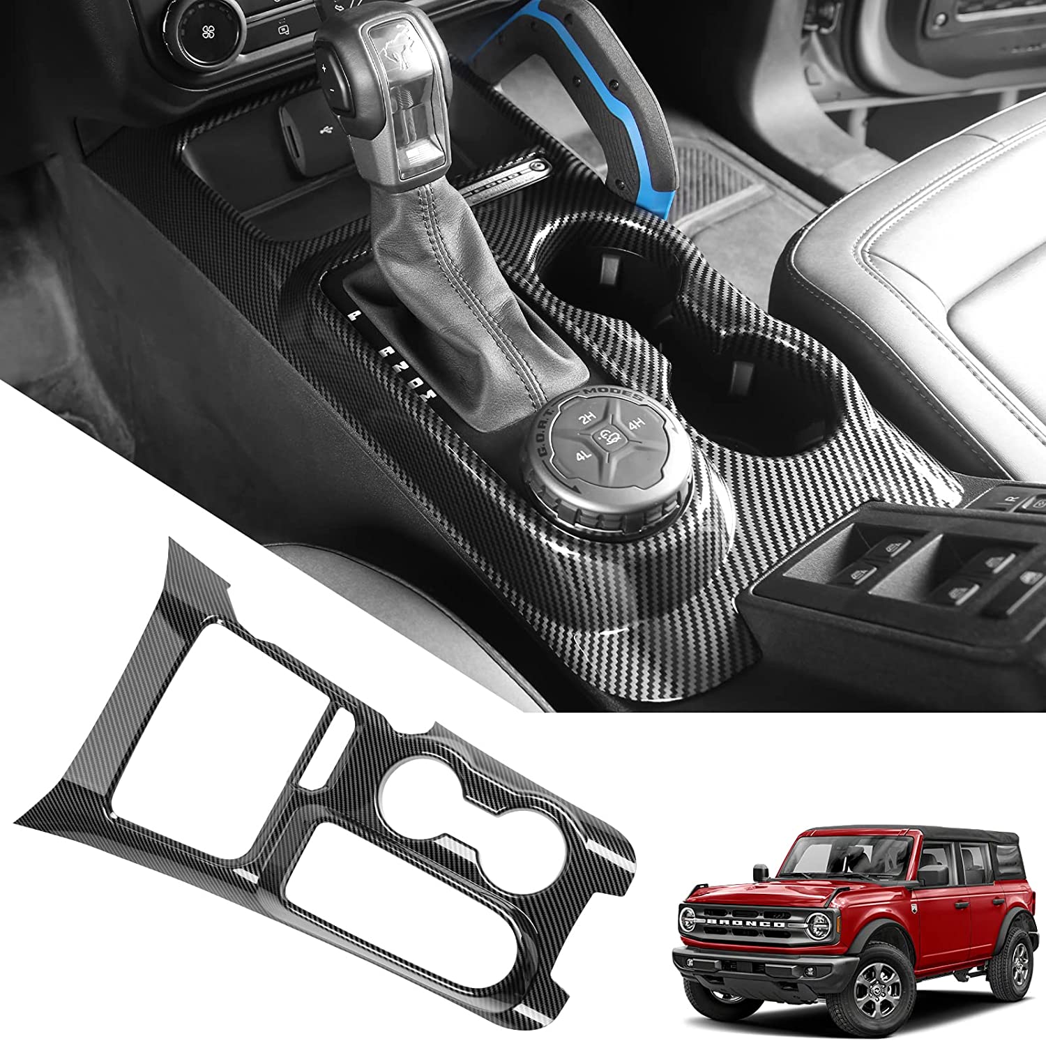Gear Shifter Trim for 2021 2022 Bronco Center Console Panel Decoration Cover Plate Frame Transmission Box Interior Accessories Sticker, ABS Carbon Fiber - Delicate Leather