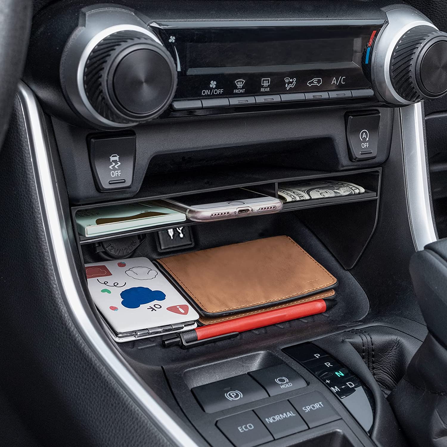 2024 Center Console Organizer Compatible with Rav4 2019-2023 Accessories, Black Insert Secondary Storage Box ABS Material Divider Phone Holder - Delicate Leather