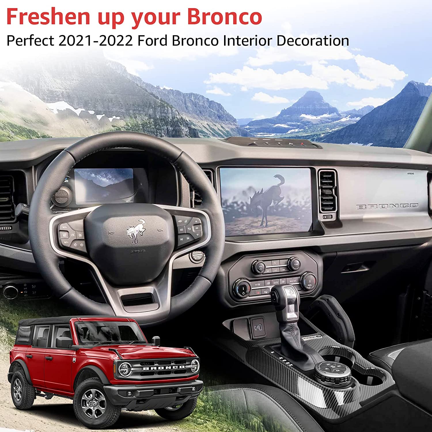 Gear Shifter Trim for 2021 2022 Ford Bronco Center Console Panel Decoration Cover Plate Frame Transmission Box Interior Accessories Sticker, ABS Carbon Fiber - Delicate Leather