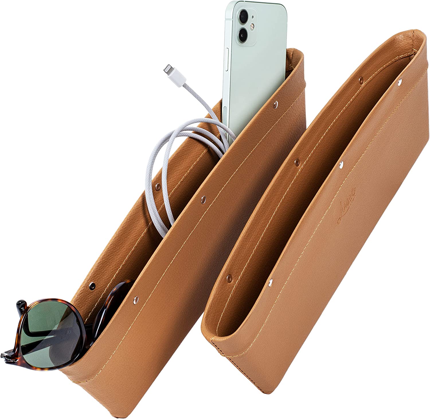 Car Seat Gap Organizer 2 Pack, Custom For Cars, Vegan Leather Car Seat Gap Filler Organizer with Universal Fit, Adjustable Gap Filler for Car for iPhone, Android, Glasses, Keys, and More - Delicate Leather