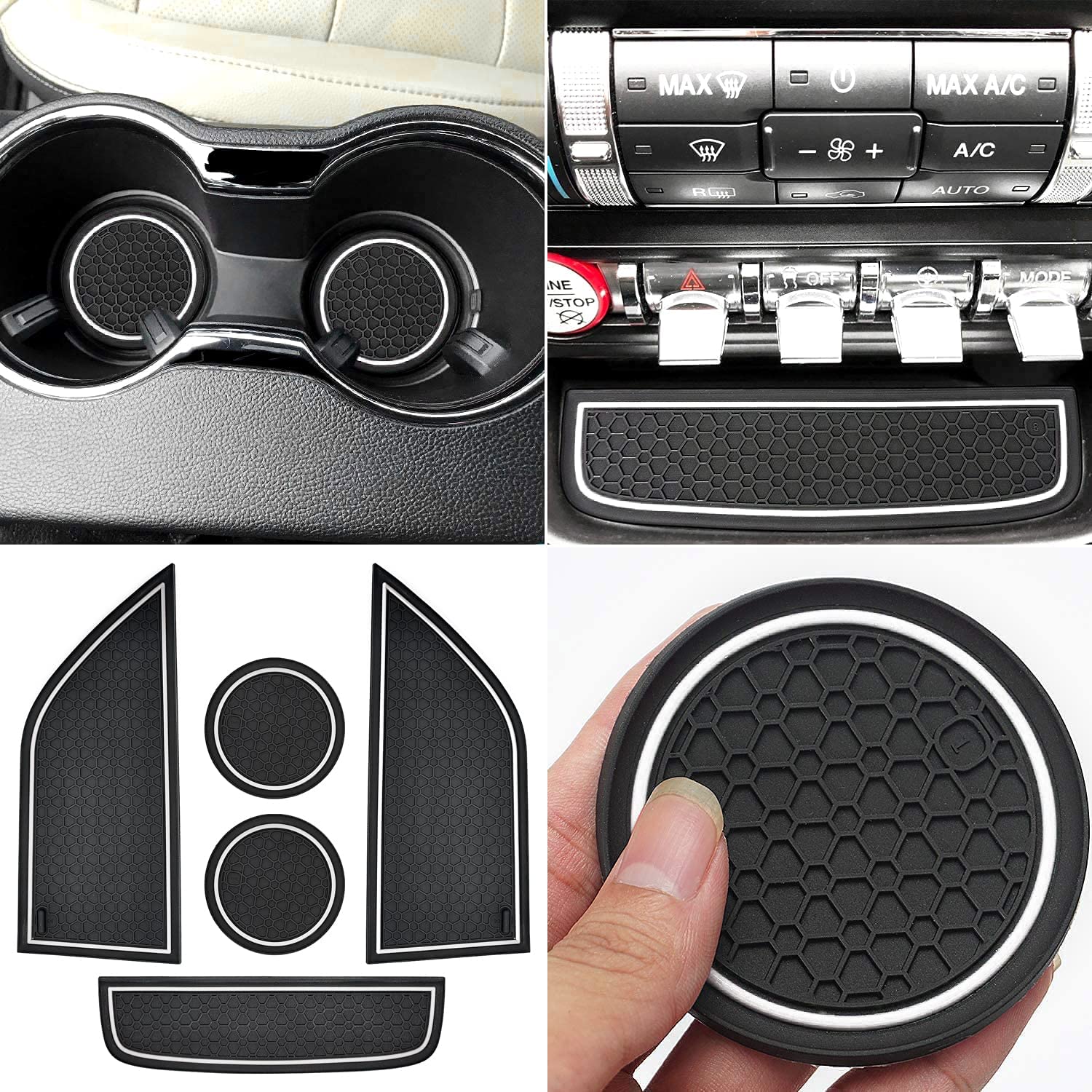 Anti Dust Mats Compatible with Mustang Accessories 2015-2022, Custom Fits Cup Holder Liners Mats Door Pocket Center Console Liners - Delicate Leather