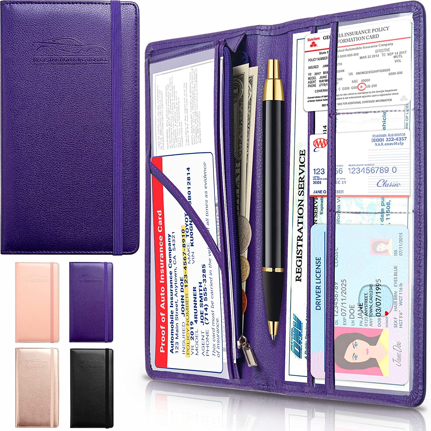 Car Registration and Insurance Holder with Inner Expandable Zipper Pouch, PU Car Document Holder, Elastic Closure Glove Box Document Holder for License, Car card and Essential Auto Documents, Custom For Cars - Delicate Leather