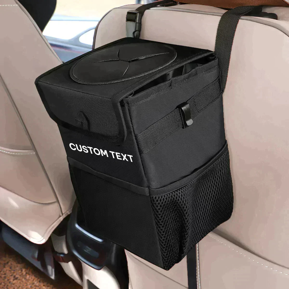 Custom Text and Logo Waterproof Car Trash Can with Lid and Storage Pockets, Fit with all car, 100% Leak-Proof Car Organizer, Waterproof Car Garbage Can, Multipurpose Trash Bin for Car - Delicate Leather