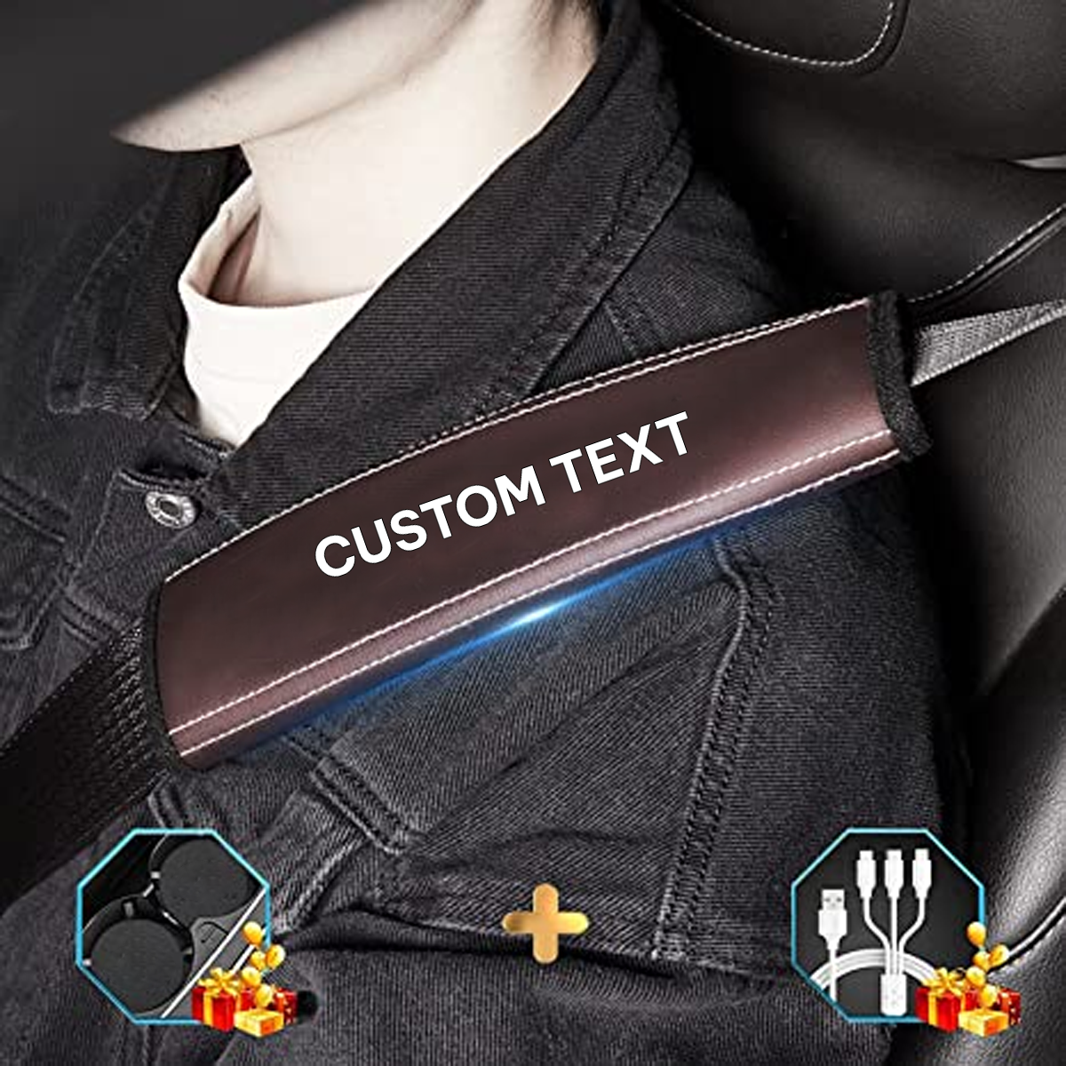 Custom Text and Logo Seat Belt Covers, Fit with all car, Microfiber Leather Seat Belt Shoulder Pads for More Comfortable Driving, Set of 2pcs - Delicate Leather