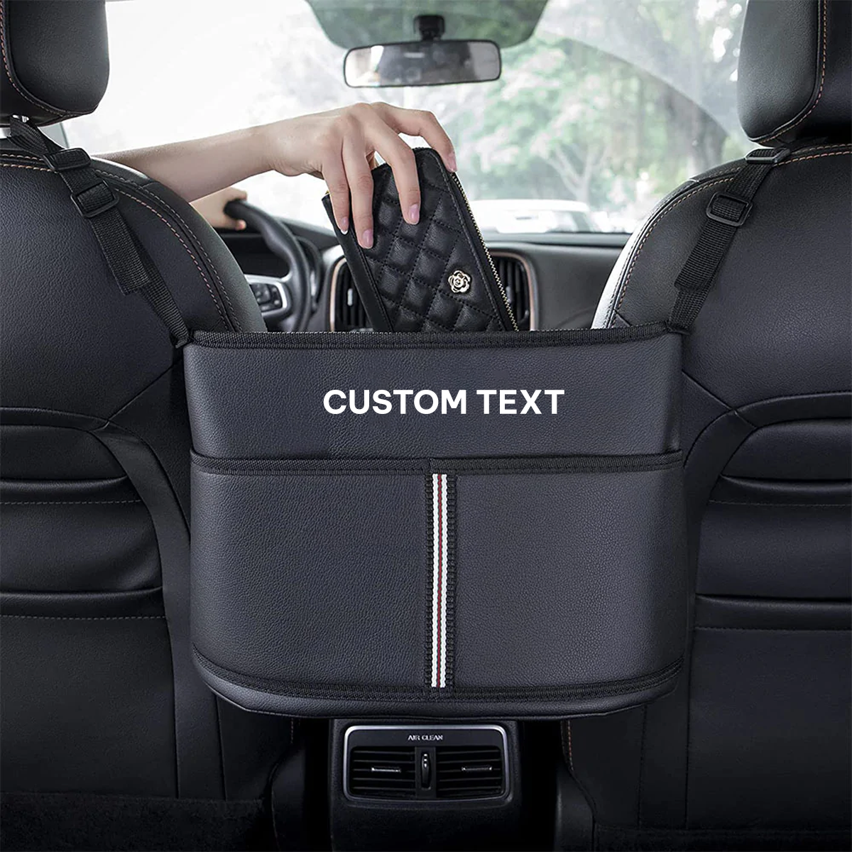 Custom Text and Logo Car Purse Holder for Car, Handbag Holder Between Seats Premium PU Leather, Auto Driver Or Passenger Accessories Organizer, Hanging Car Purse Storage Pocket Back Seat Pet Barrier - Delicate Leather