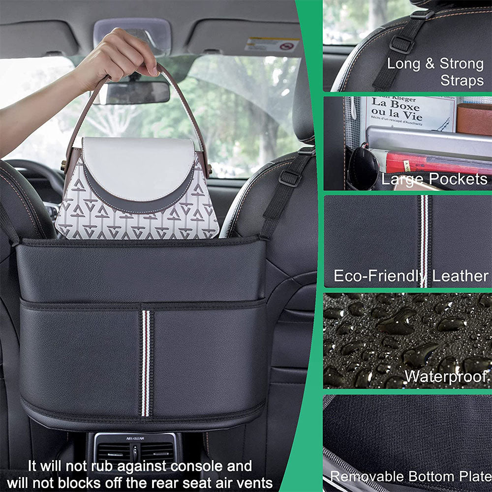 Car Purse Holder for Car Handbag Holder Between Seats Premium PU Leather, Custom Fit For Your Cars, Auto Driver Or Passenger Accessories Organizer, Hanging Car Purse Storage Pocket Back Seat Pet Barrier FD11991 - Delicate Leather