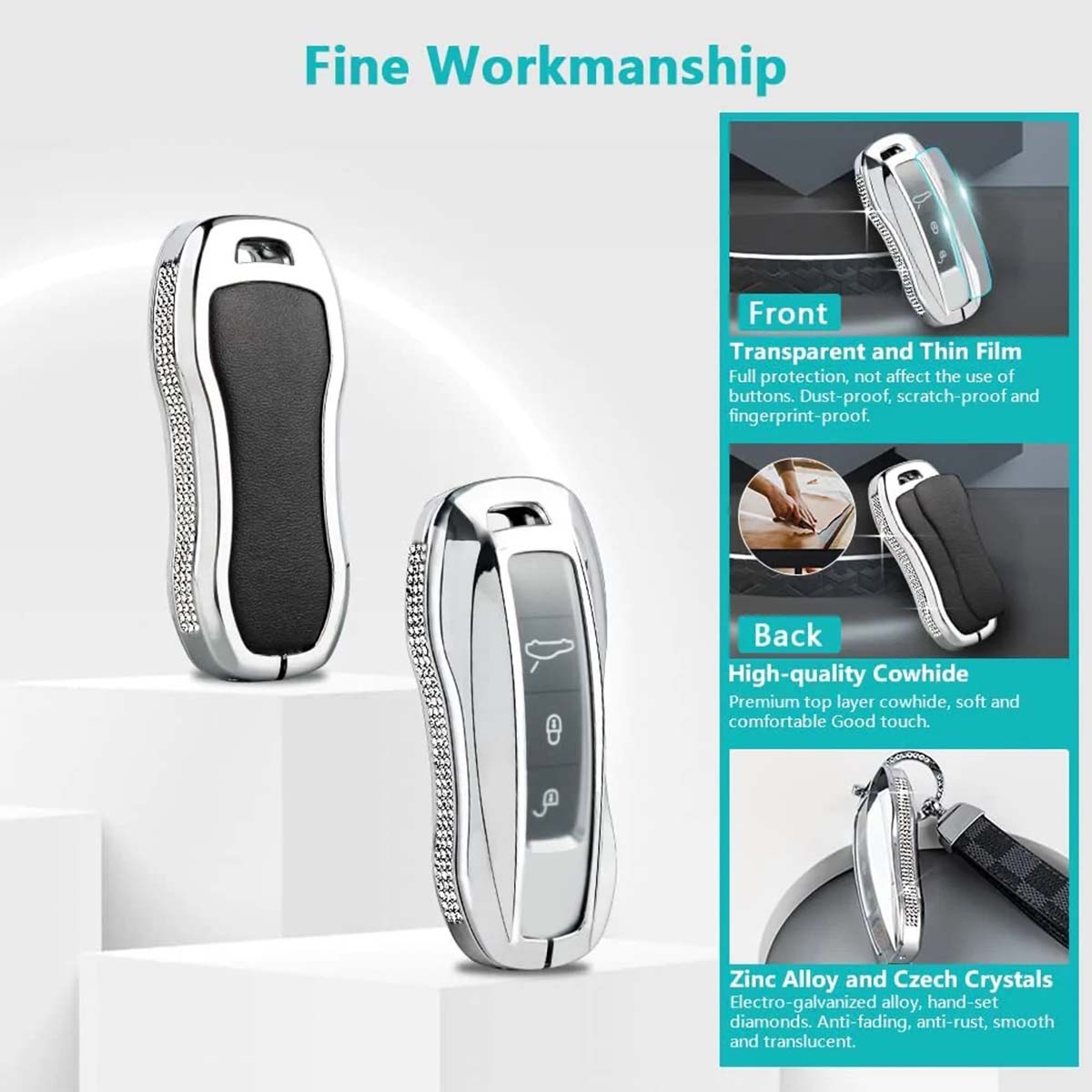 Accessories Compatible with Key Fob Cover Bling Smart Remote Key Shell Case Protective Custom Fit Porsche 911 Cayenne Taycan Panamera Crystal Zinc Alloy Silver 1 PC - Delicate Leather