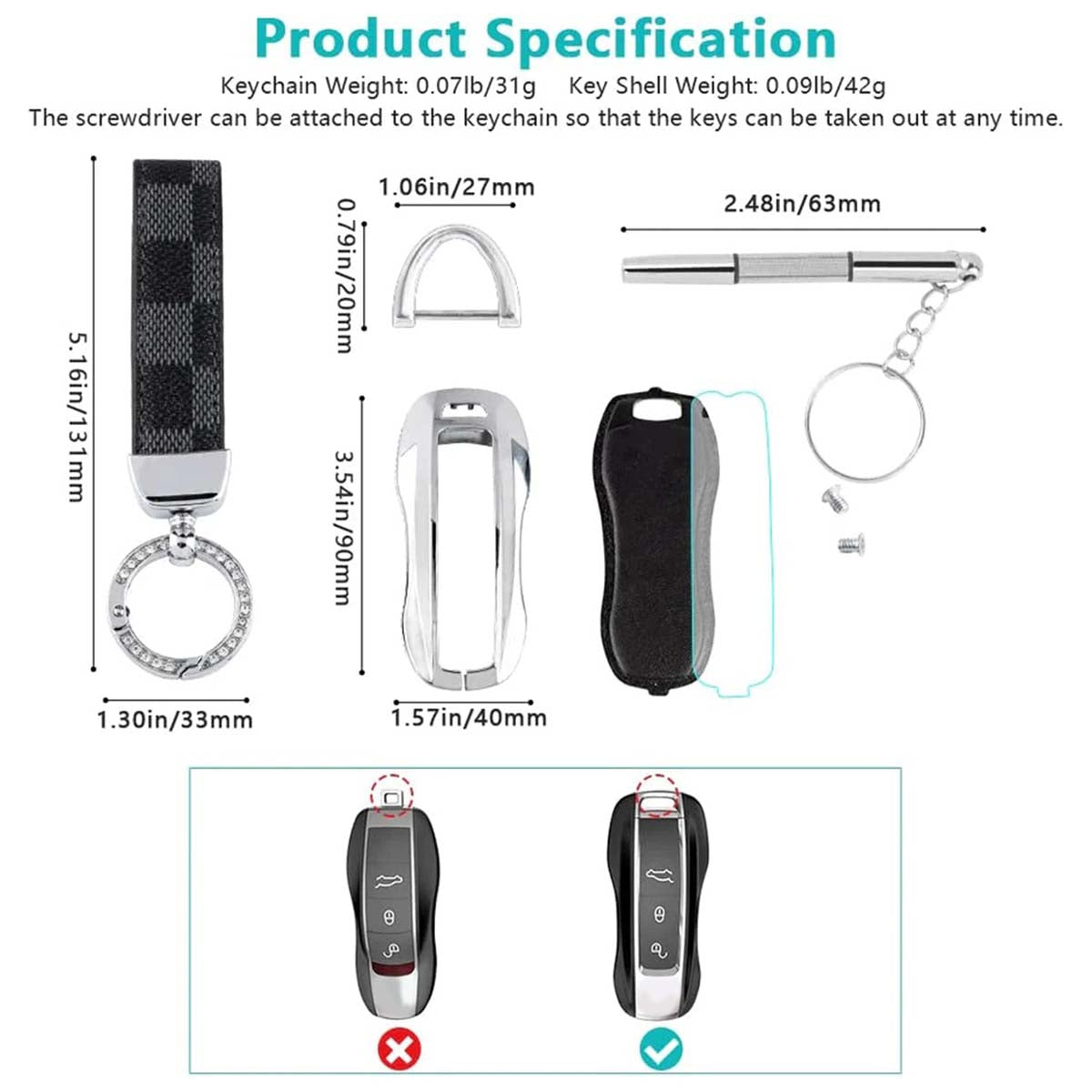 Accessories Compatible with Key Fob Cover Bling Smart Remote Key Shell Case Protective Custom Fit Porsche 911 Cayenne Taycan Panamera Crystal Zinc Alloy Silver 1 PC - Delicate Leather