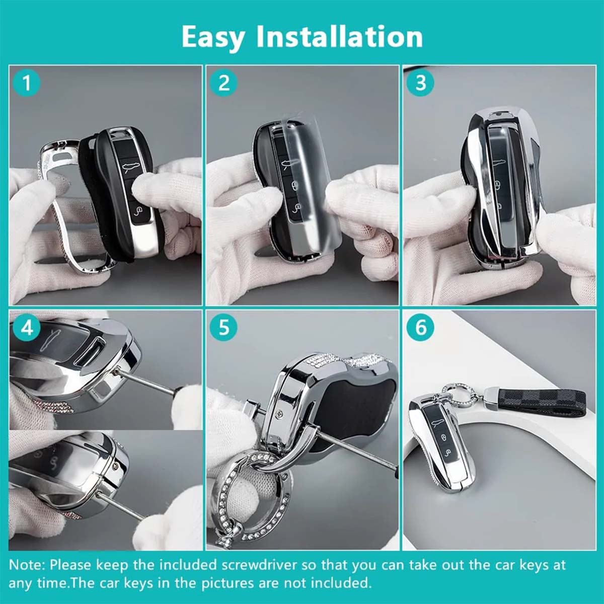 Accessories Compatible with Key Fob Cover Bling Smart Remote Key Shell Case Protective Custom Fit Porsche 911 Cayenne Taycan Panamera Crystal Zinc Alloy Silver 1 PC - Delicate Leather