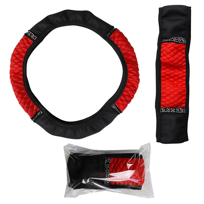 Four Seasons Universal Car Steering Wheel Cover 37-38cm Leather Embroidered Color Diamond-Studded Elastic Steering Wheel Cover