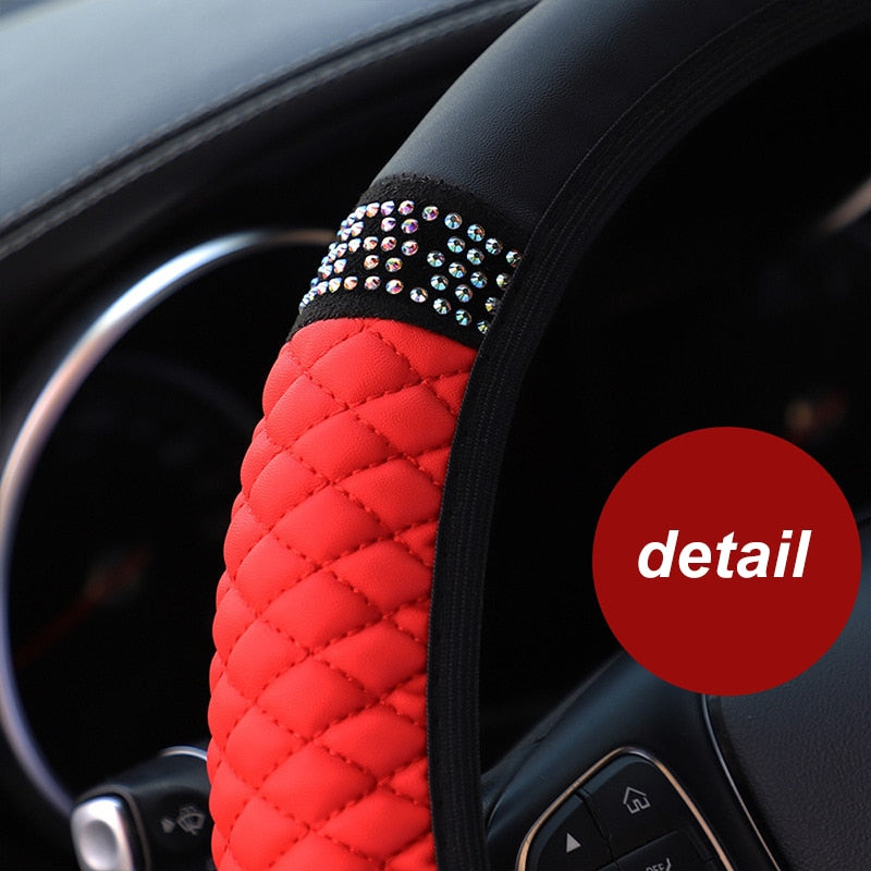 Four Seasons Universal Car Steering Wheel Cover 37-38cm Leather Embroidered Color Diamond-Studded Elastic Steering Wheel Cover