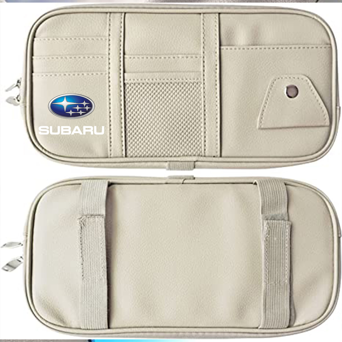 Car Sun Visor Organizer Truck SUV Sun Visor Storage Pocket PU Leather Pouch Holder with Multi-Pocket Double Zipper Net Pocket, for Cards Pens Sunglasses Document Newest, Custom fit for Car - Delicate Leather