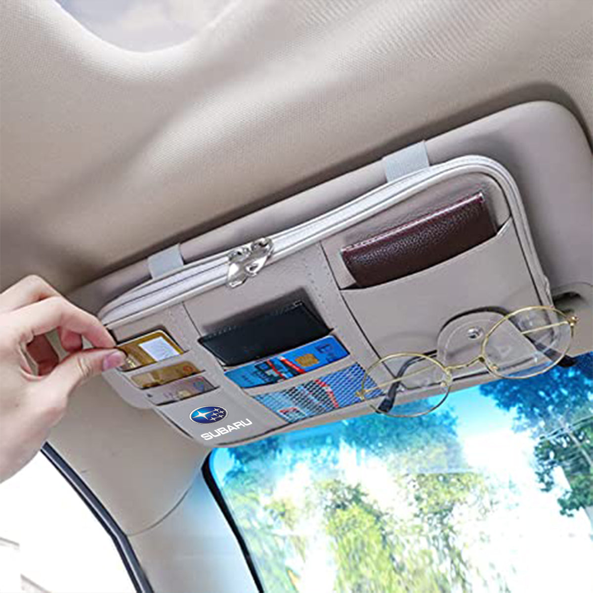 Car Sun Visor Organizer Truck SUV Sun Visor Storage Pocket PU Leather Pouch Holder with Multi-Pocket Double Zipper Net Pocket, for Cards Pens Sunglasses Document Newest, Custom fit for Car - Delicate Leather