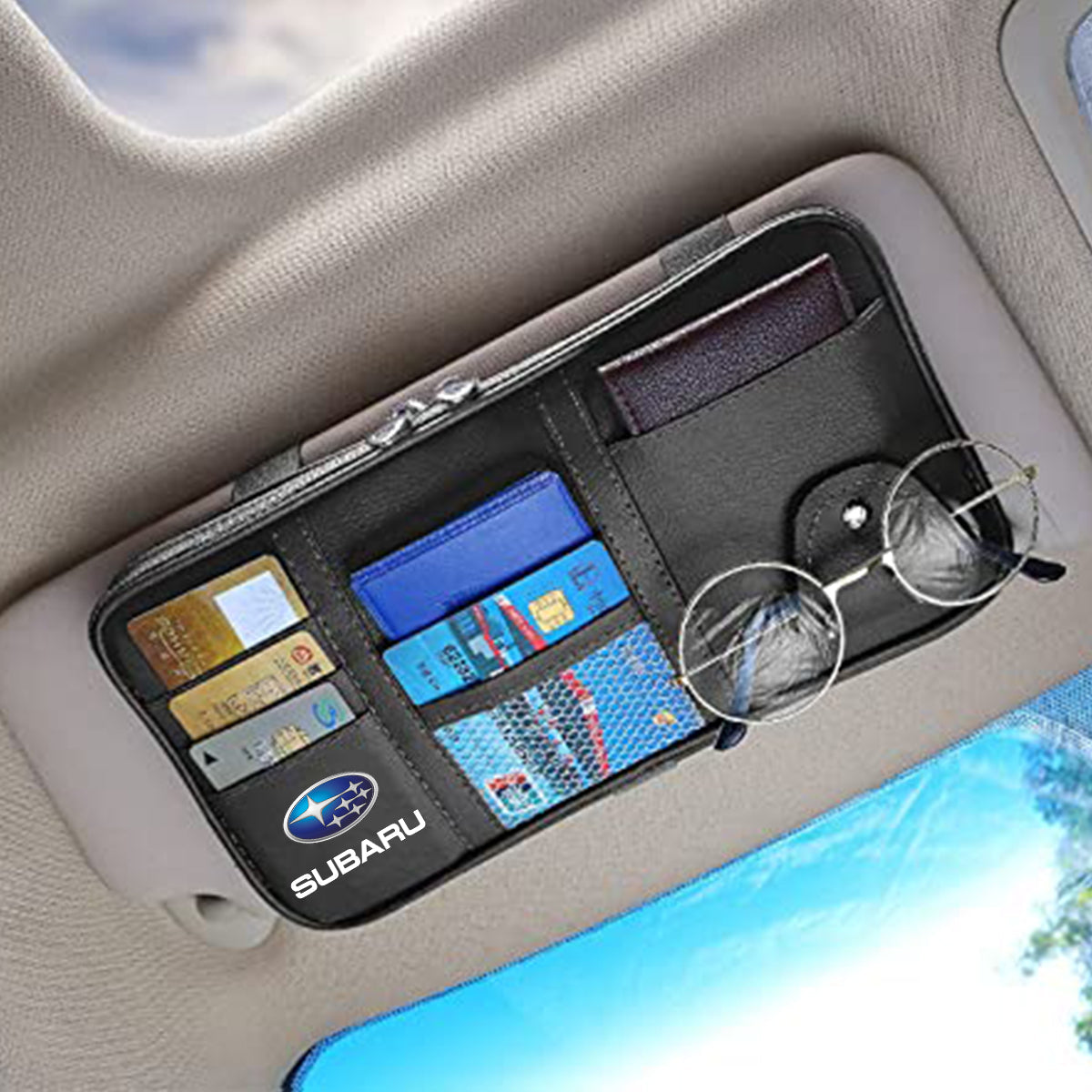Car Sun Visor Organizer Truck SUV Sun Visor Storage Pocket PU Leather Pouch Holder with Multi-Pocket Double Zipper Net Pocket, for Cards Pens Sunglasses Document Newest, Custom fit for Car - Delicate Leather